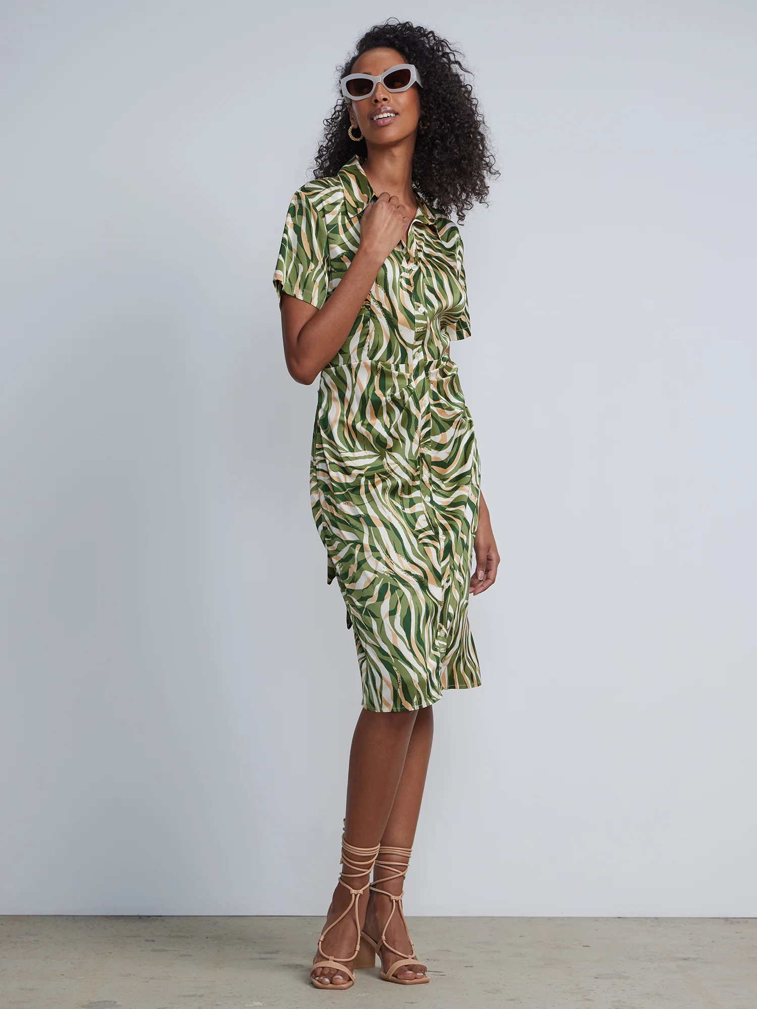 Satin Printed Ruched Shirt Dress