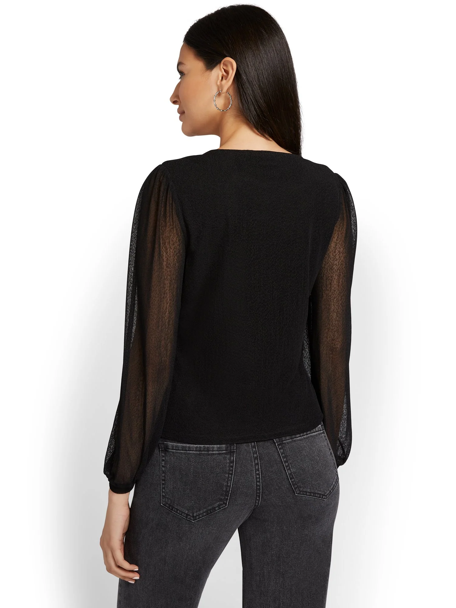 Ruched Puff-Sleeve Mesh Top - Image 2