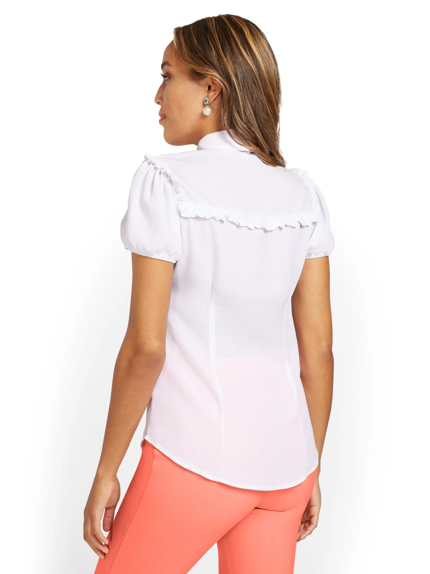 Ruffle-Contrast Bow-Neck Blouse - Image 3