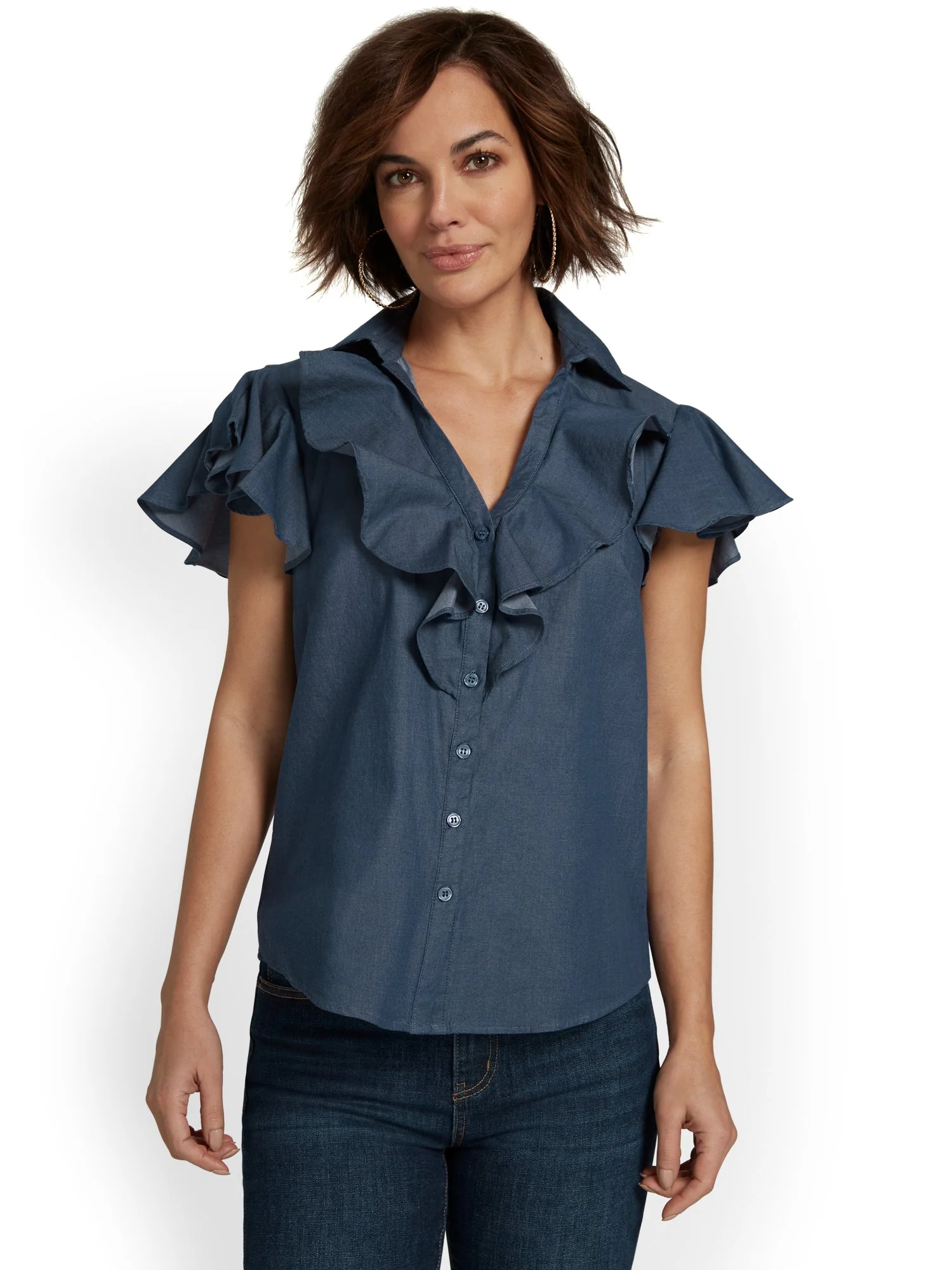 Ruffle-Front Button-Front Denim Top - Image 2