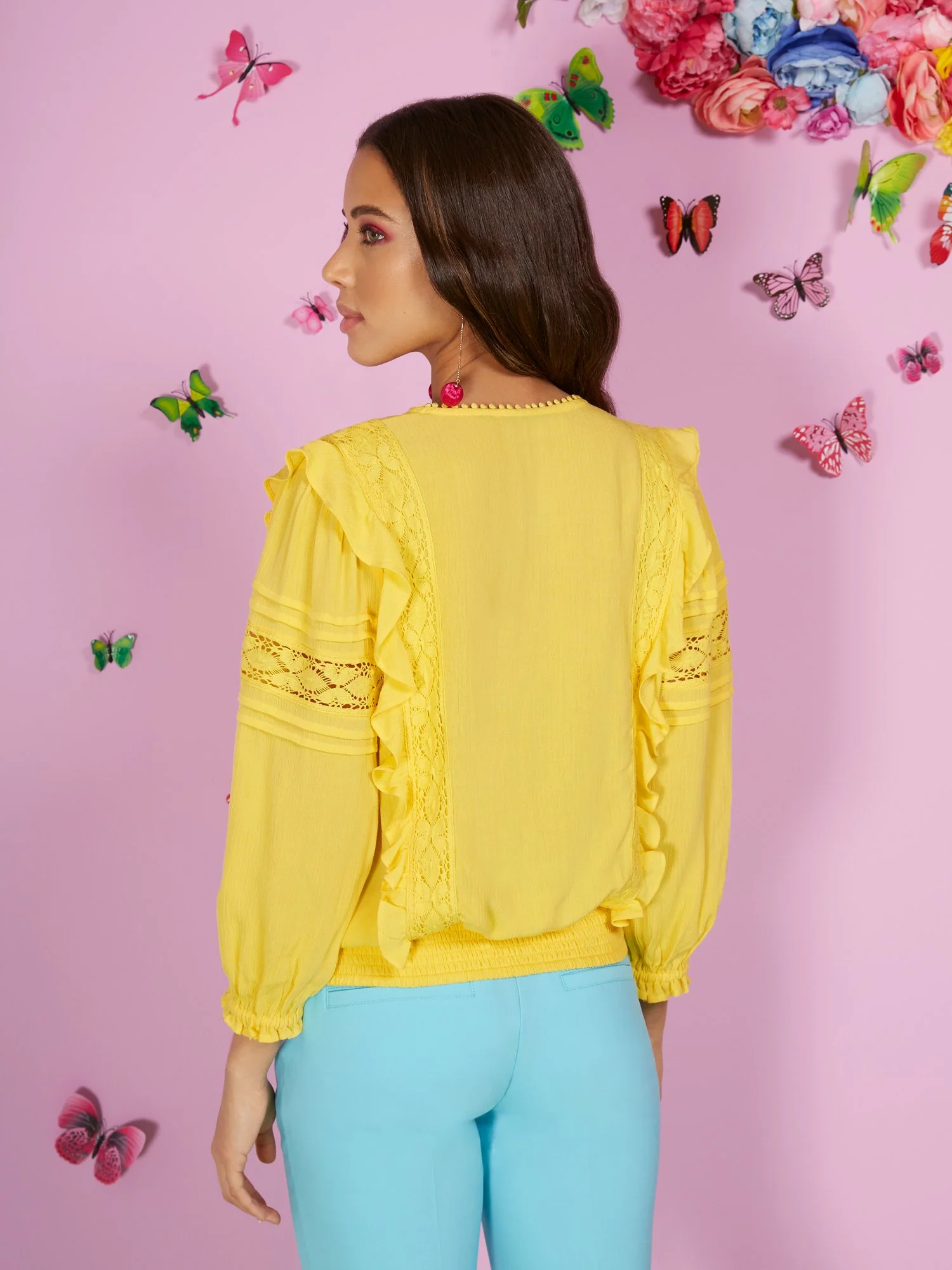 Ruffle-Front Textured 3/4-Sleeve Top - Image 3