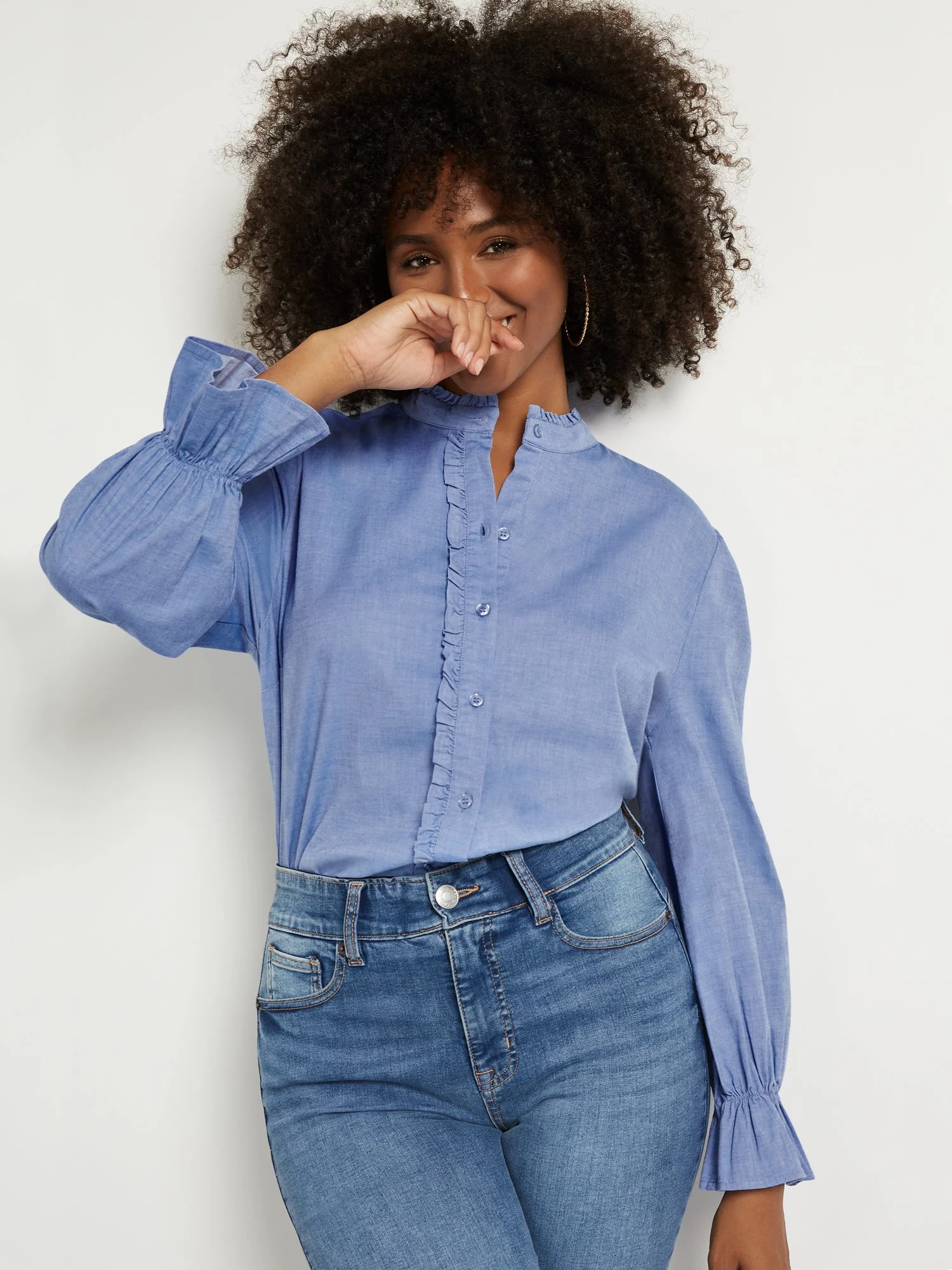 Ruffle Mock-Neck Denim Top - Image 2