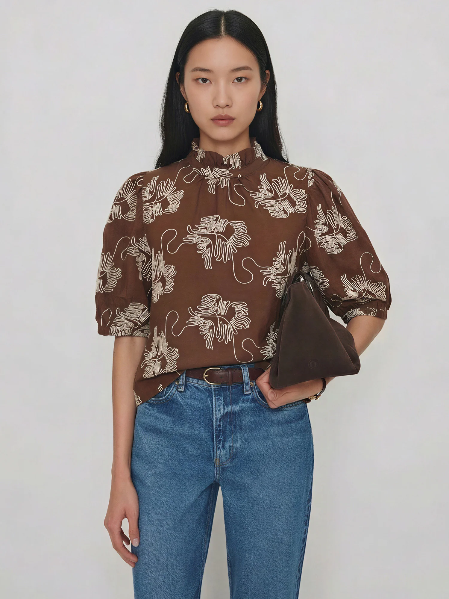 Ruffle Neck Embroidered Floral Blouse - Image 3