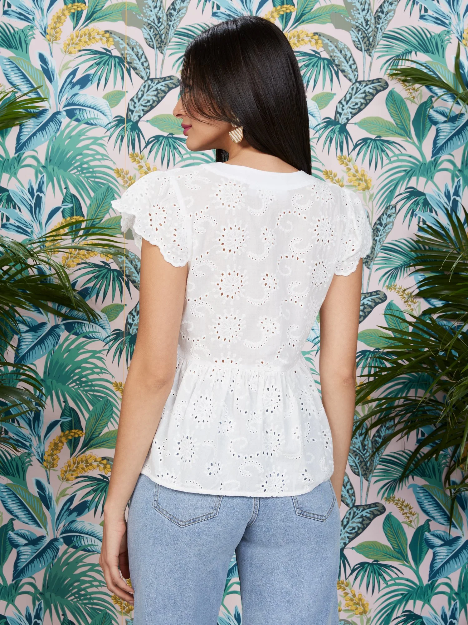 Ruffle-Sleeve Eyelet Peplum Top - Image 3
