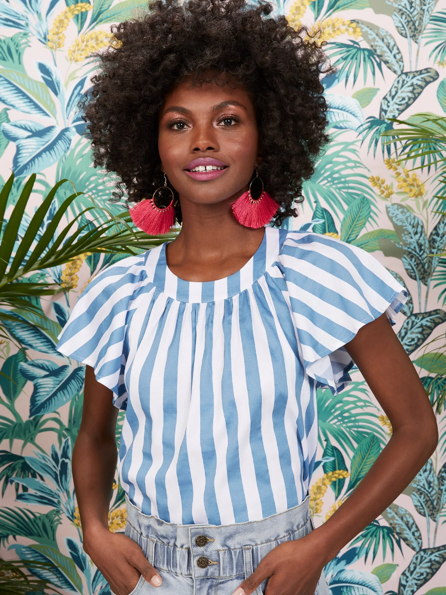 Ruffle-Sleeve Stripe Poplin Top