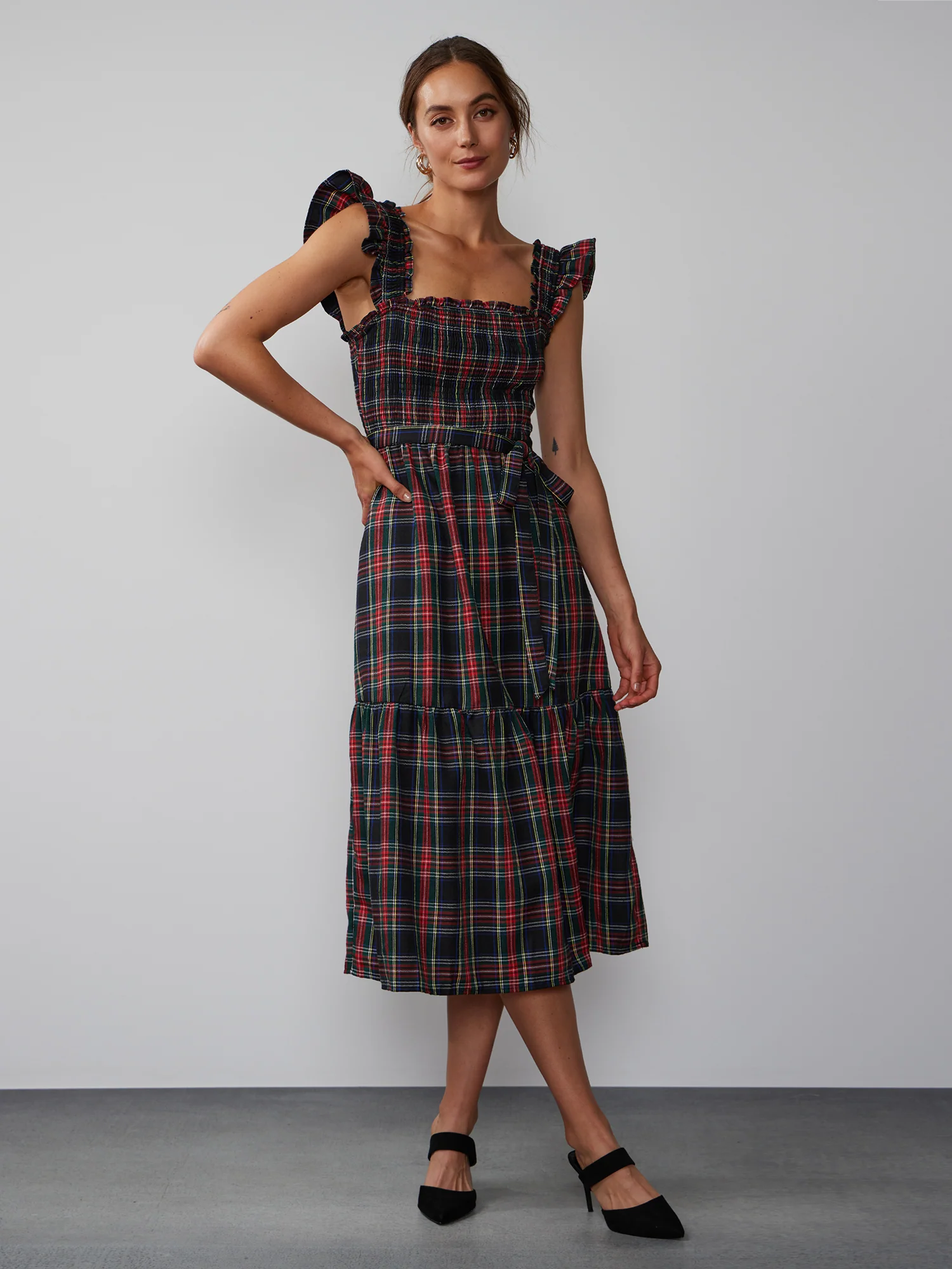 Ruffle Sleeve Tartan Smocked Dress