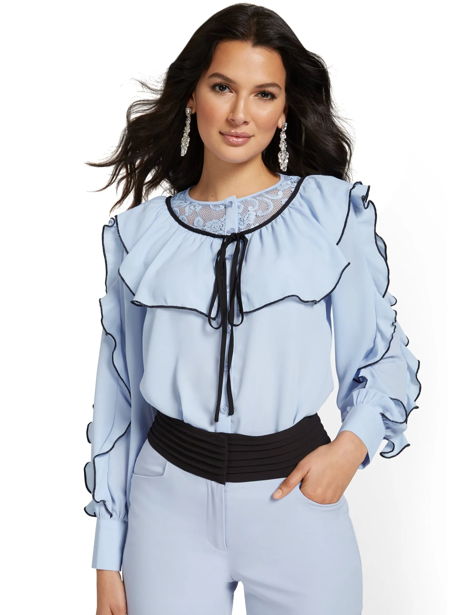Ruffle-Trim Tie-Front Blouse