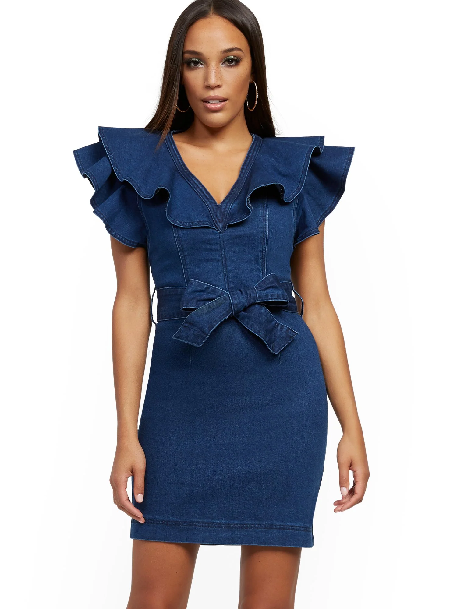 Ruffled Denim Sheath Dress - Dark Wash
