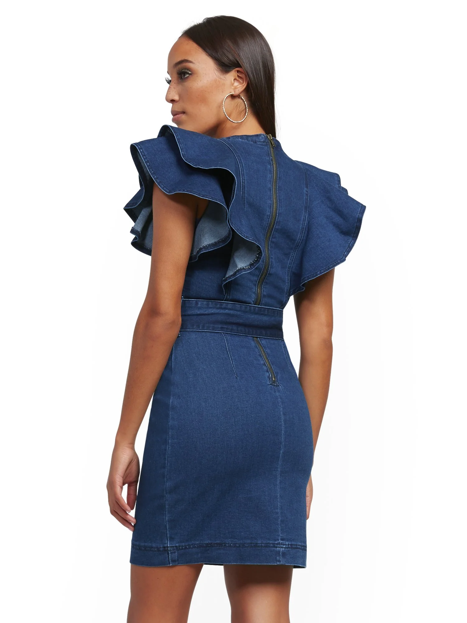 Ruffled Denim Sheath Dress - Dark Wash - Image 3