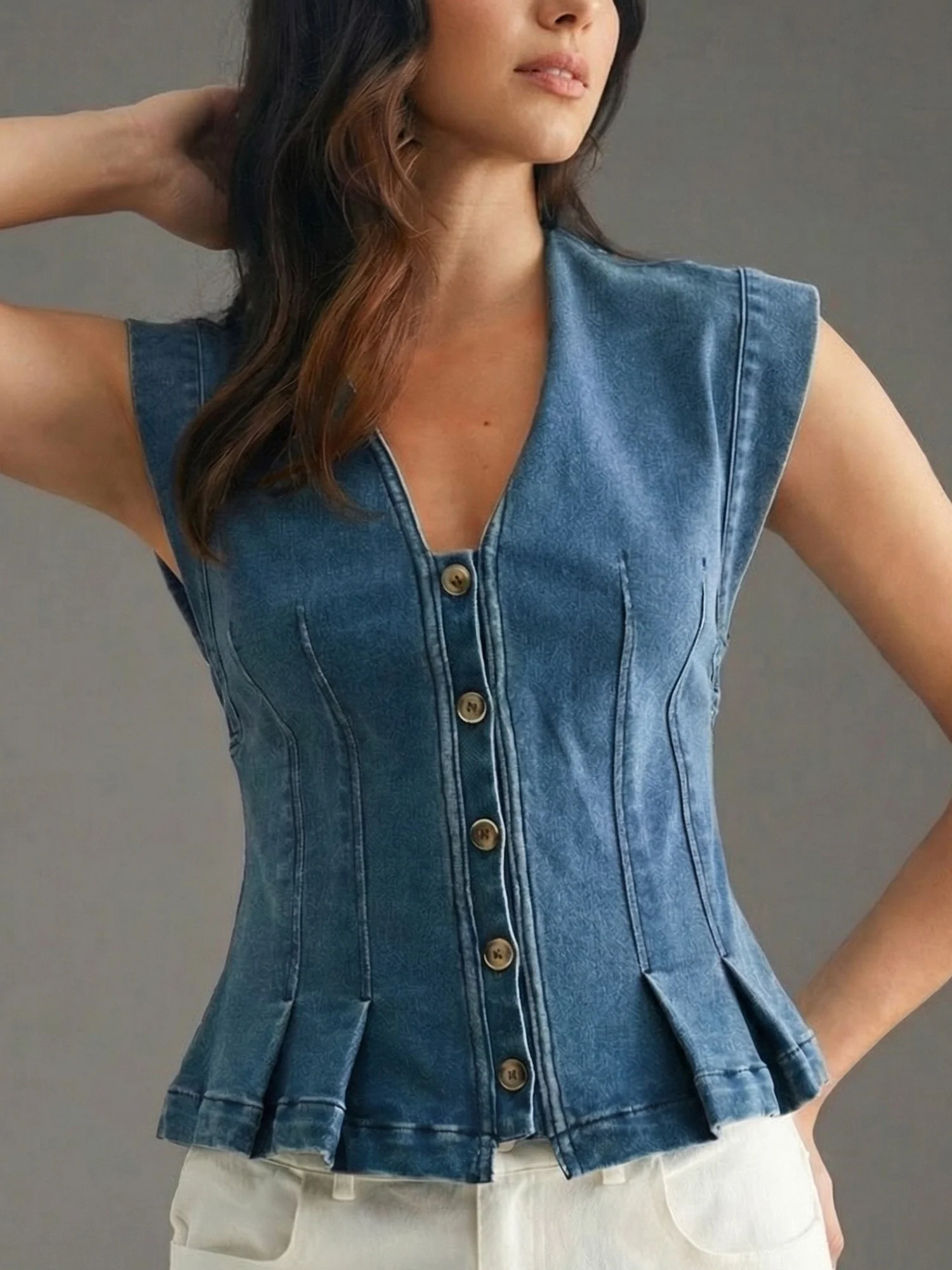 Sasha V Neck Hourglass Denim Vest Top - Image 4