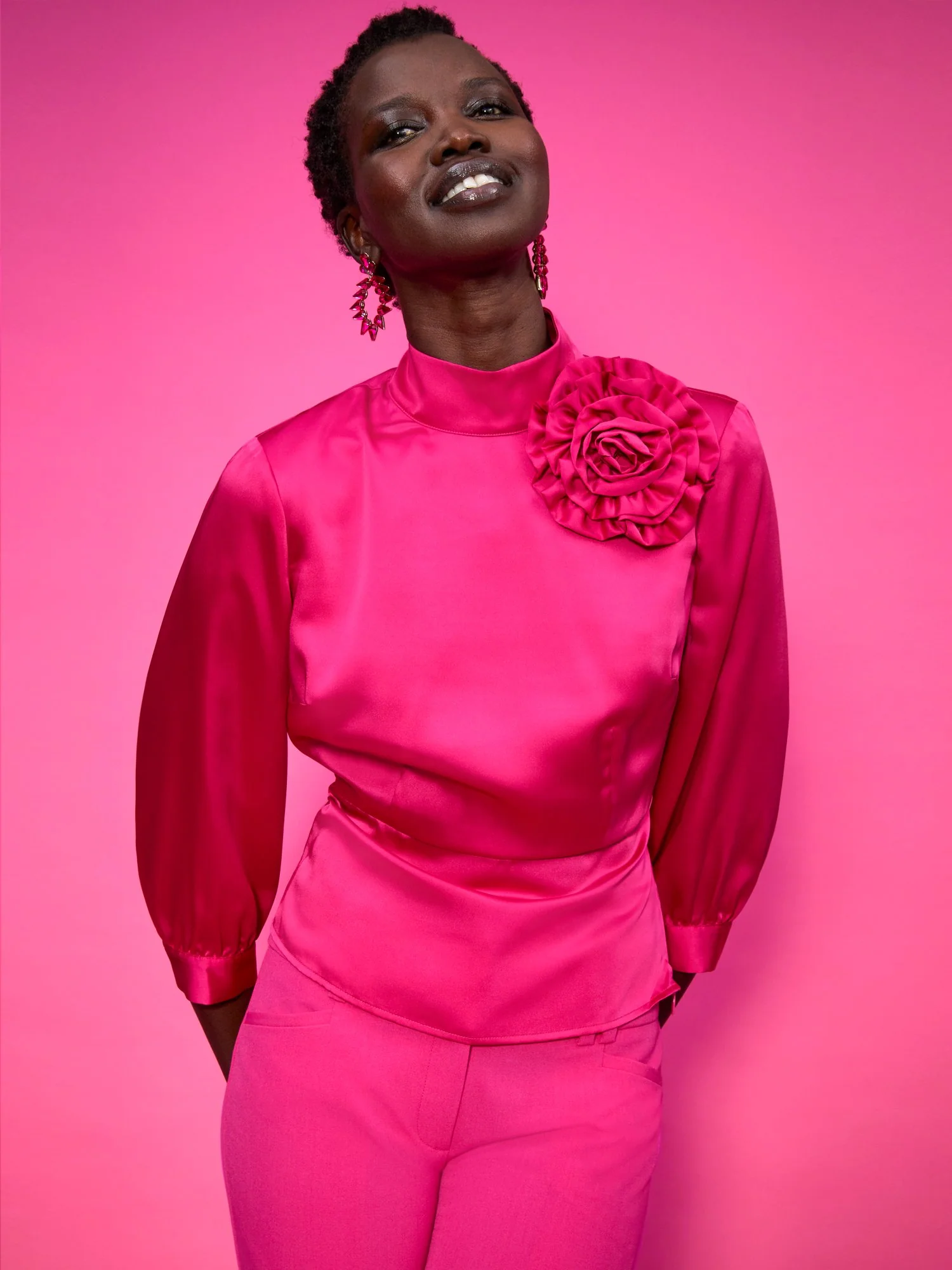 Satin Mock-Neck Rosette Top - Image 2