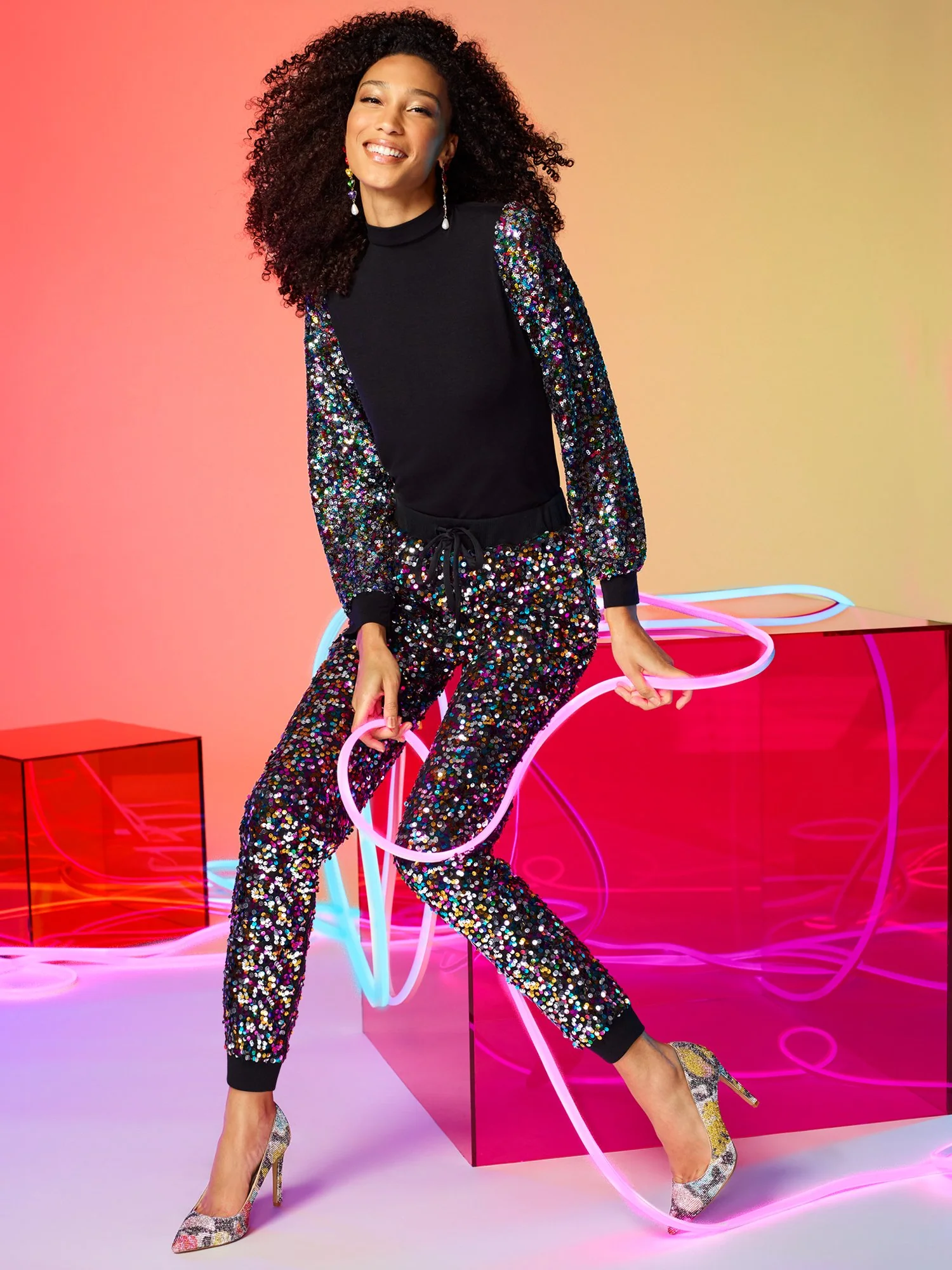 Sequin Bubble-Sleeve Top