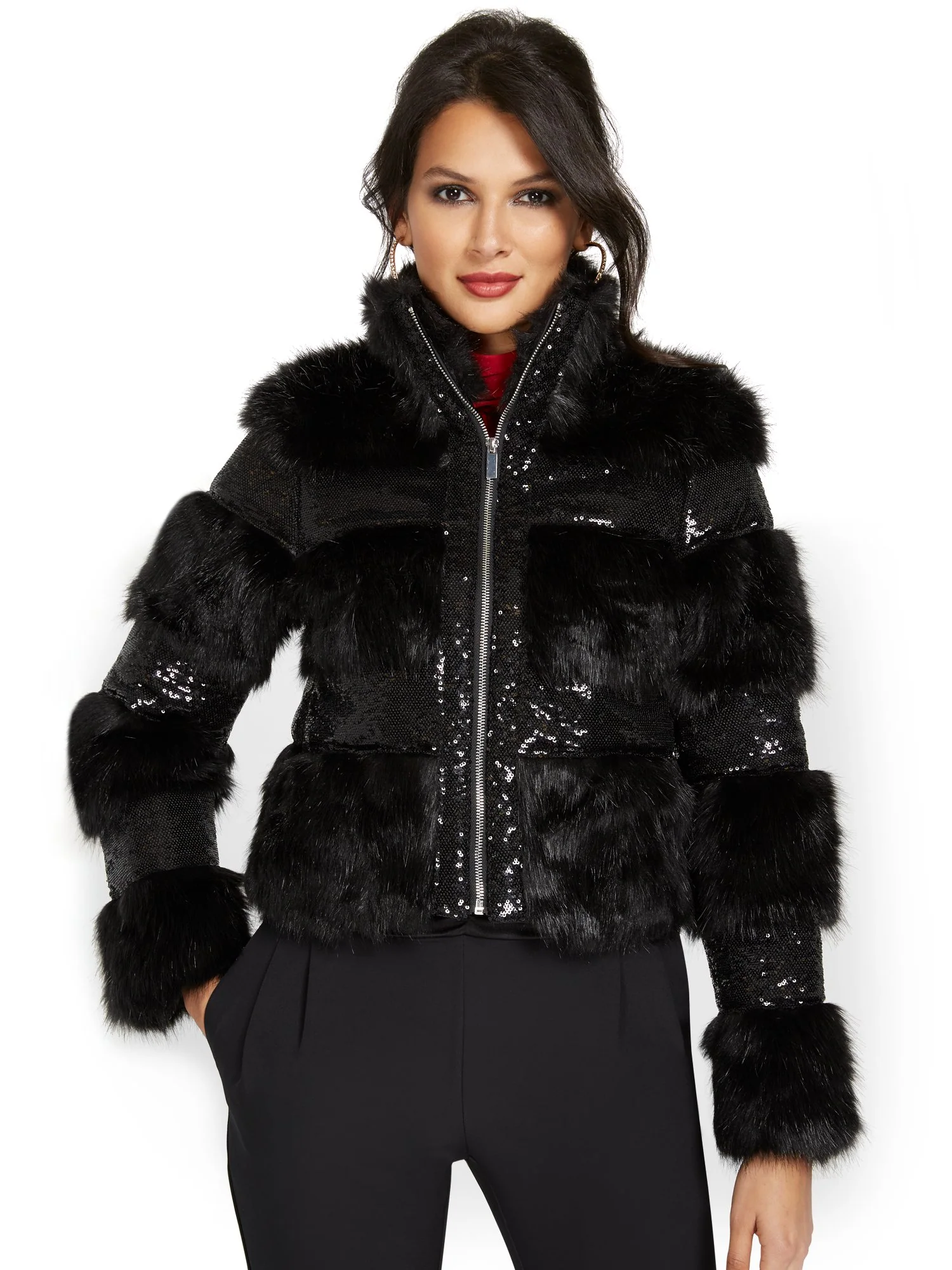 Sequin-Detail Faux-Fur Jacket - Image 2