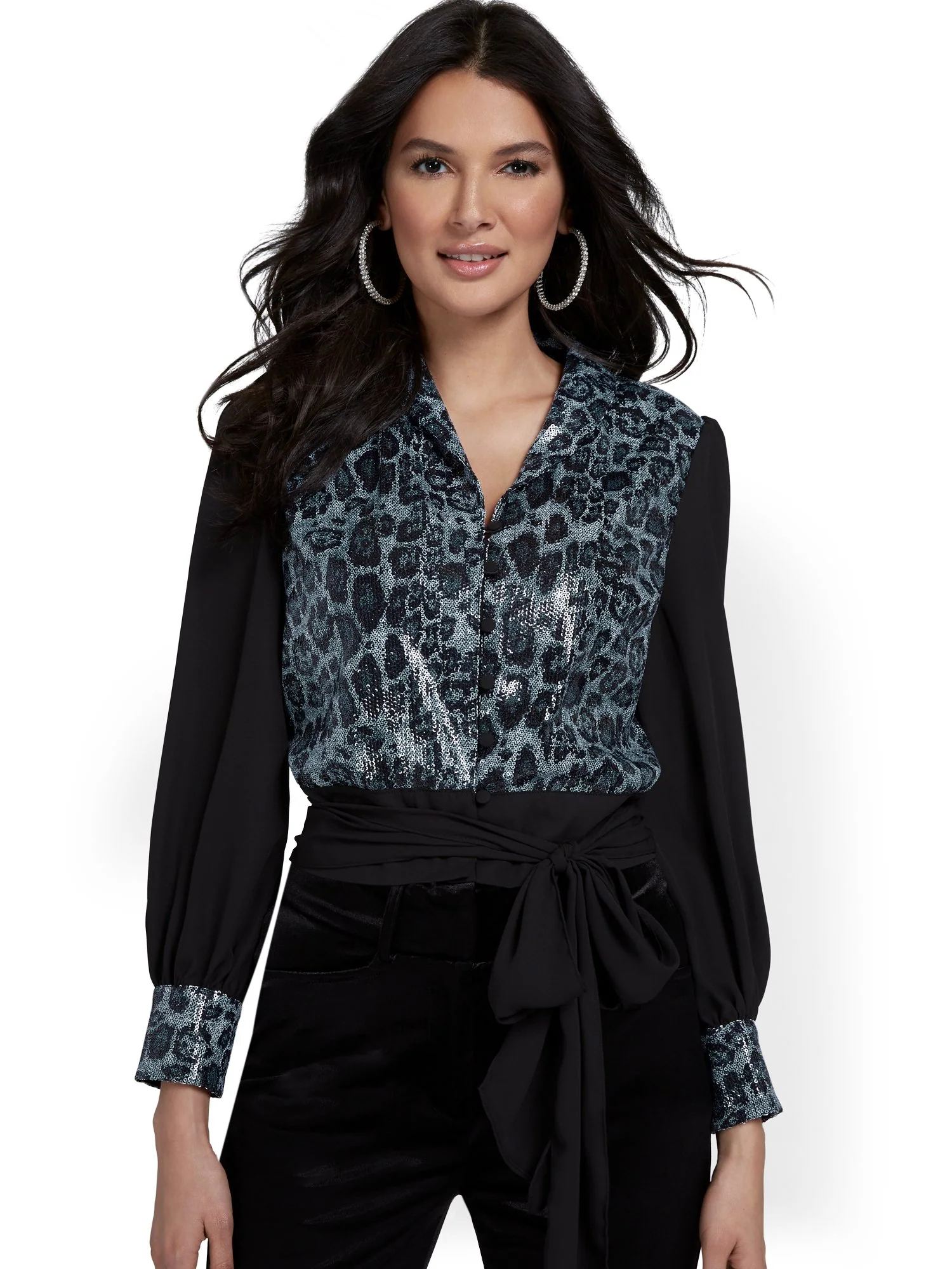 Sequin Leopard-Print Shirred-Sleeve Blouse - Image 2