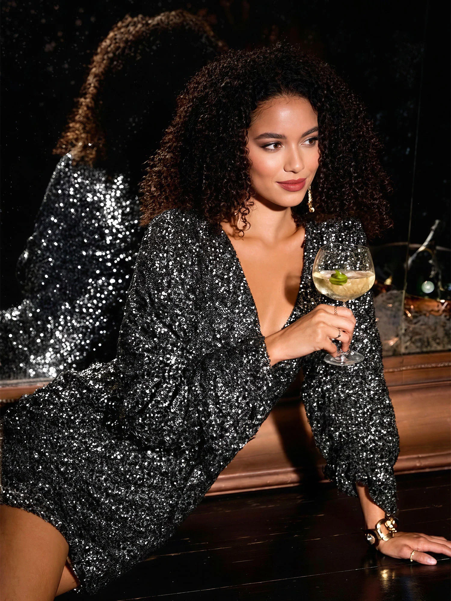 Sequin Long Sleeve Front Twist Mini Dress