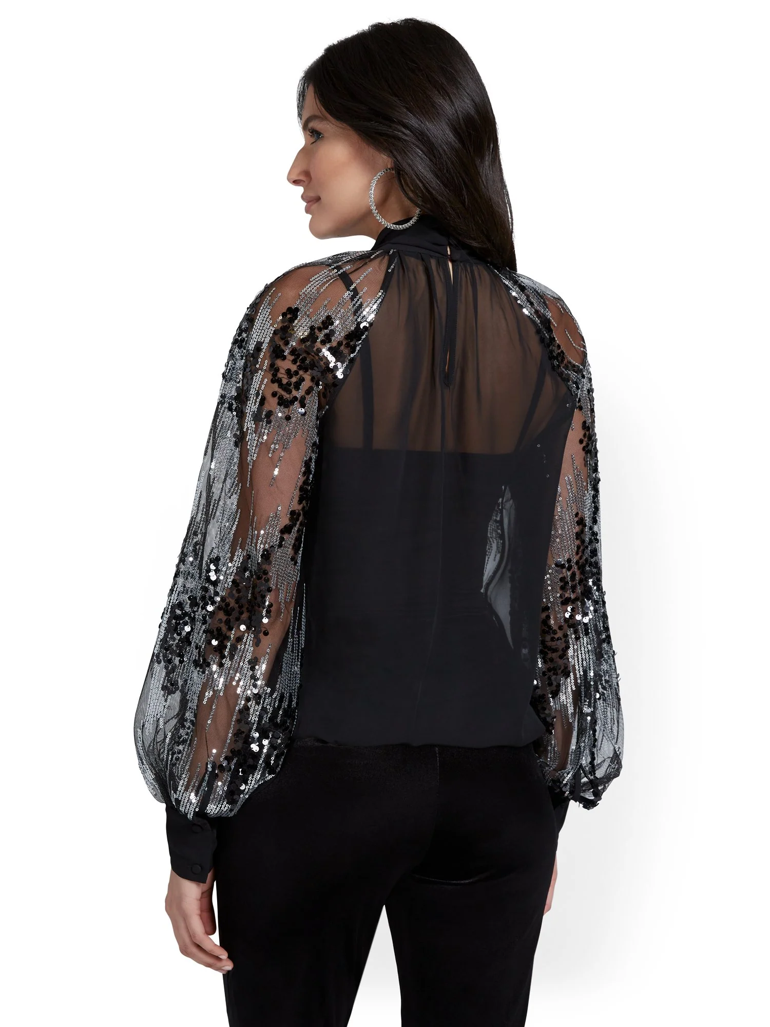 Sequin Mesh Bow-Front Blouse - Image 3