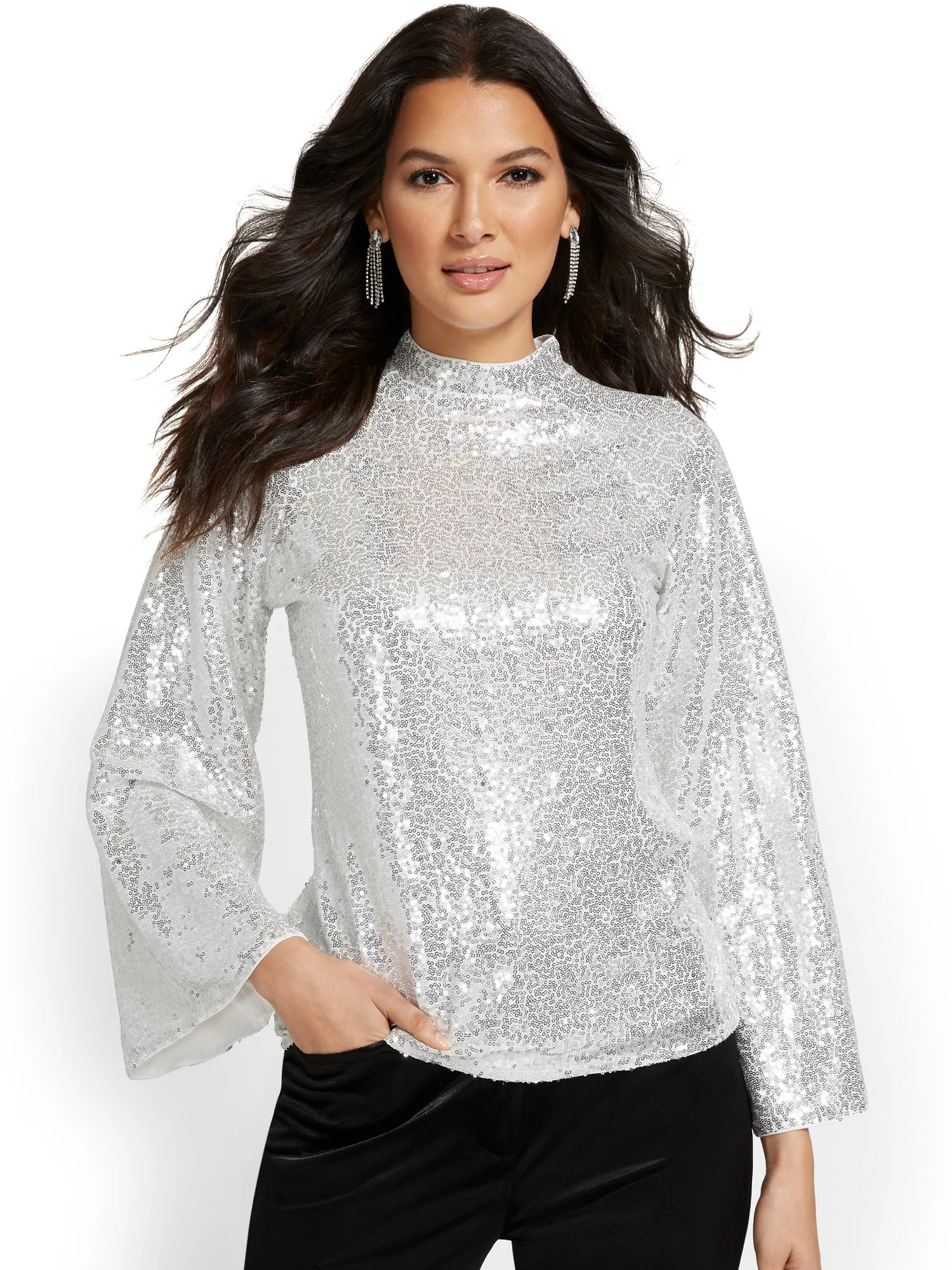 Sequin Mock-Neck Blouse