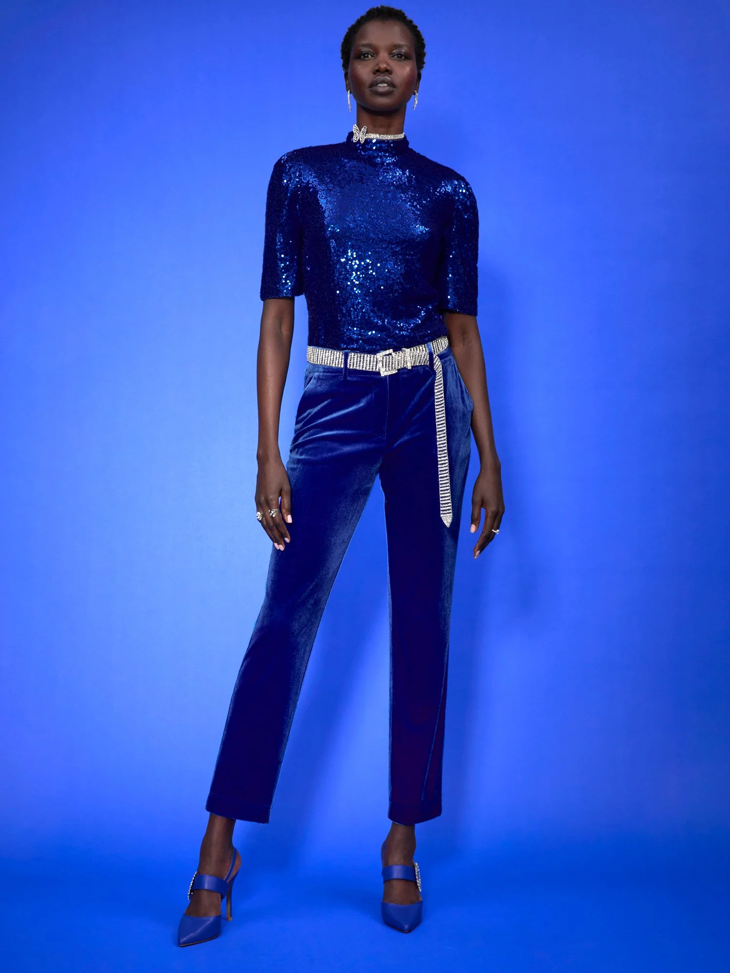 Sequin Puff-Sleeve Mock-Neck Top