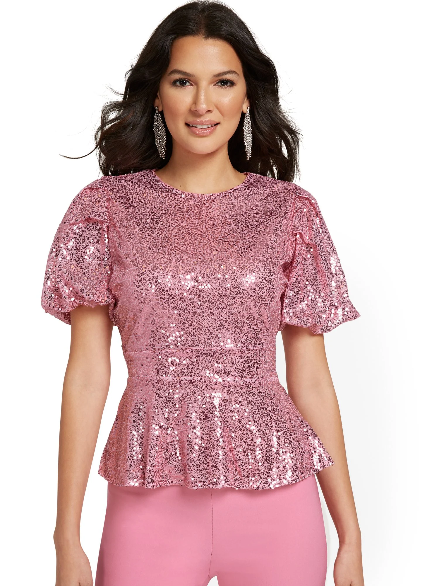 Sequin Puff-Sleeve Peplum Top - Image 2