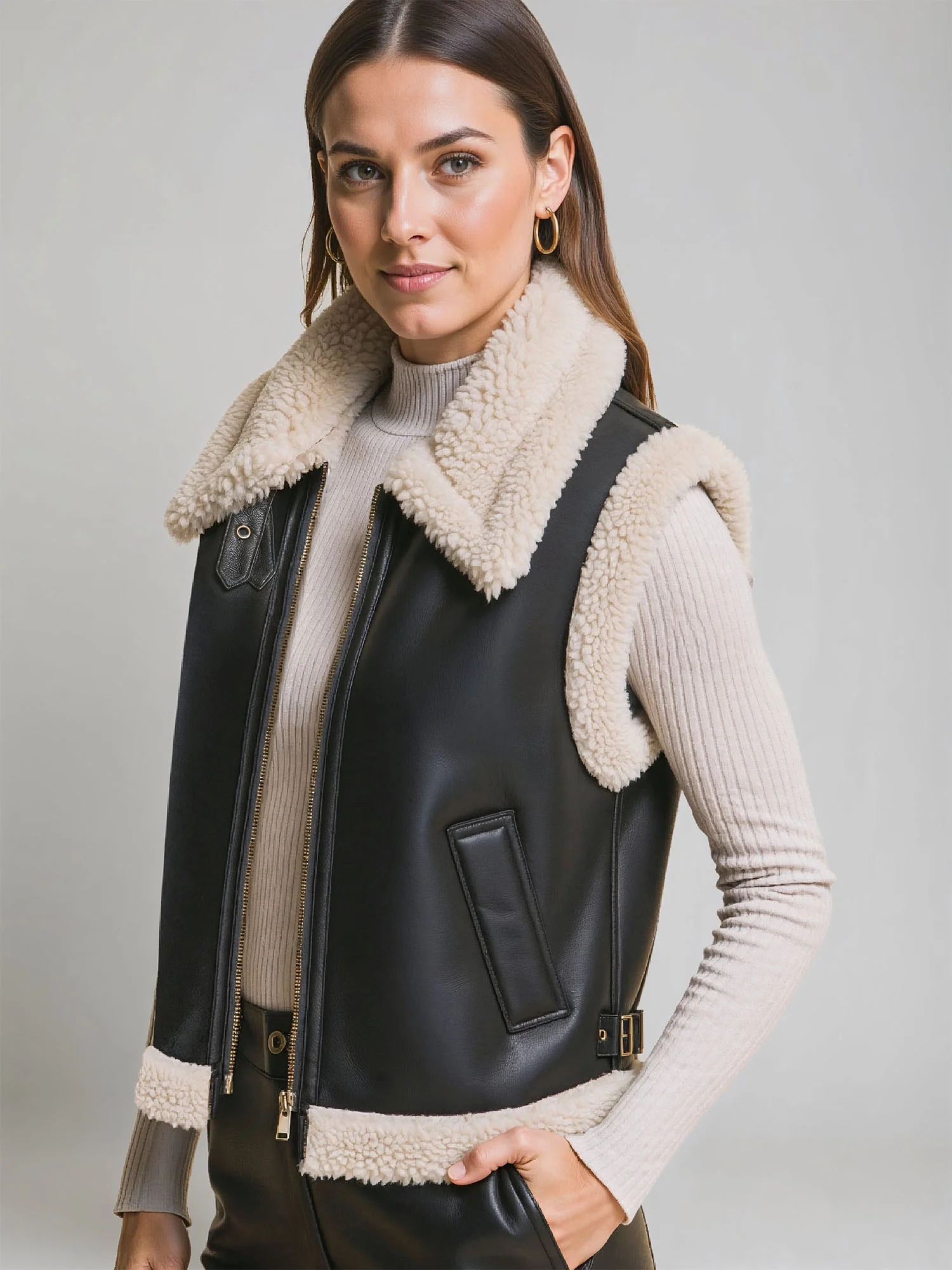 Stylish Sherpa Collar Vegan Leather Vest - Image 3
