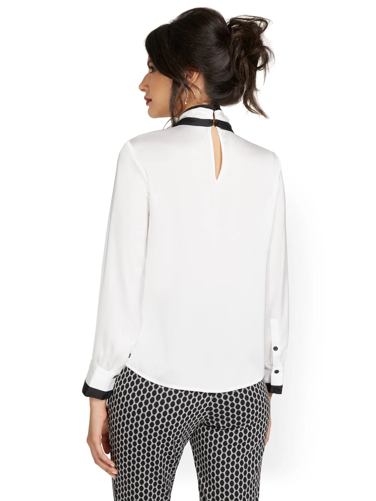 Shiny Long-Sleeve Tie-Neck Blouse - Image 3