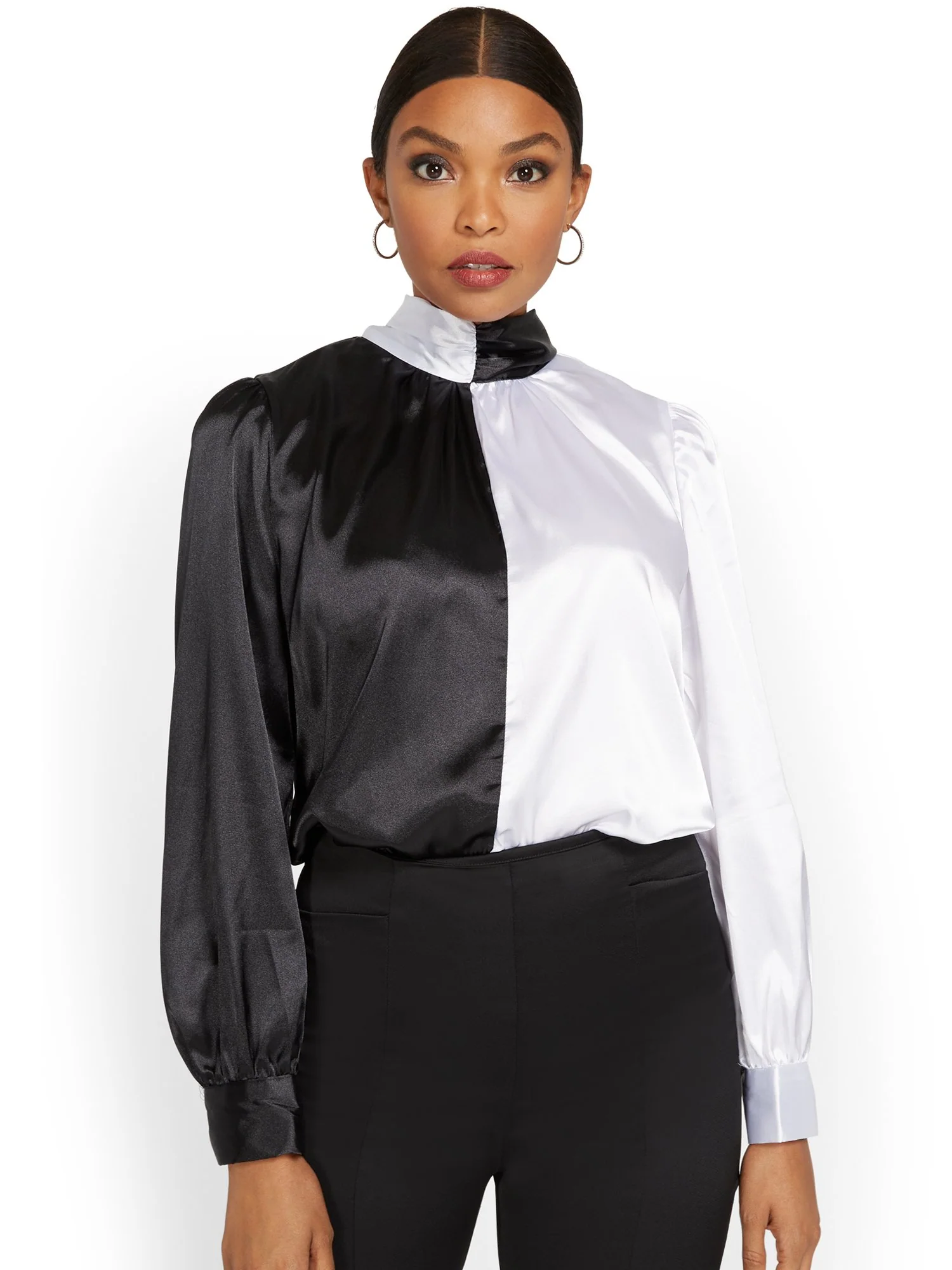 Shiny Tie-Back Colorblock Blouse - Image 2