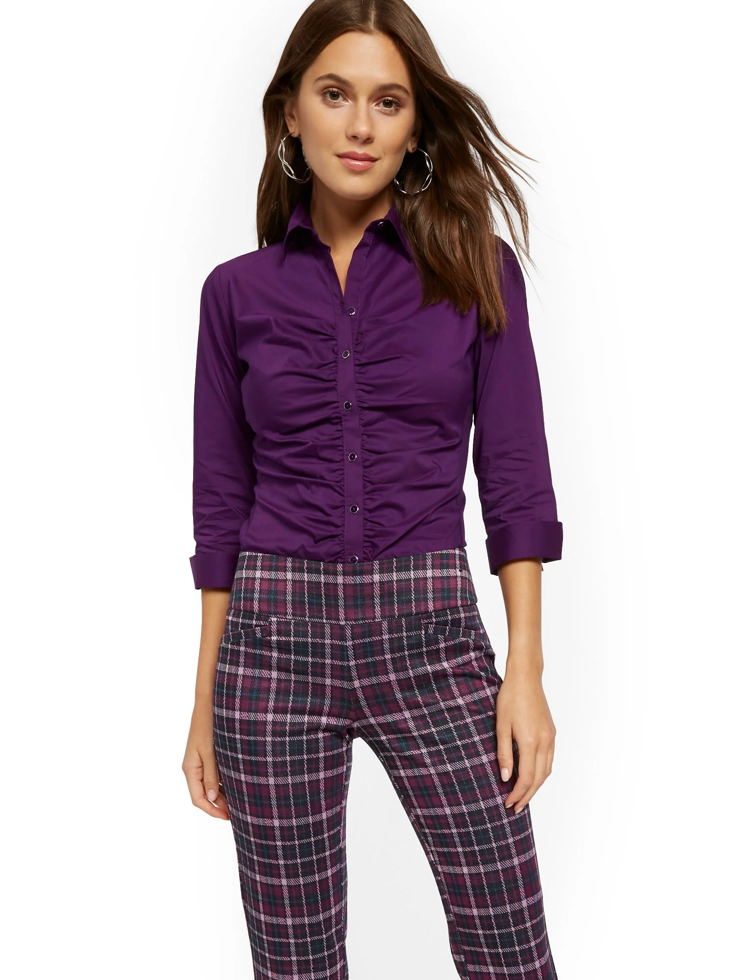 Shirred Madison Stretch Shirt - Secret Snap - 7th Avenue