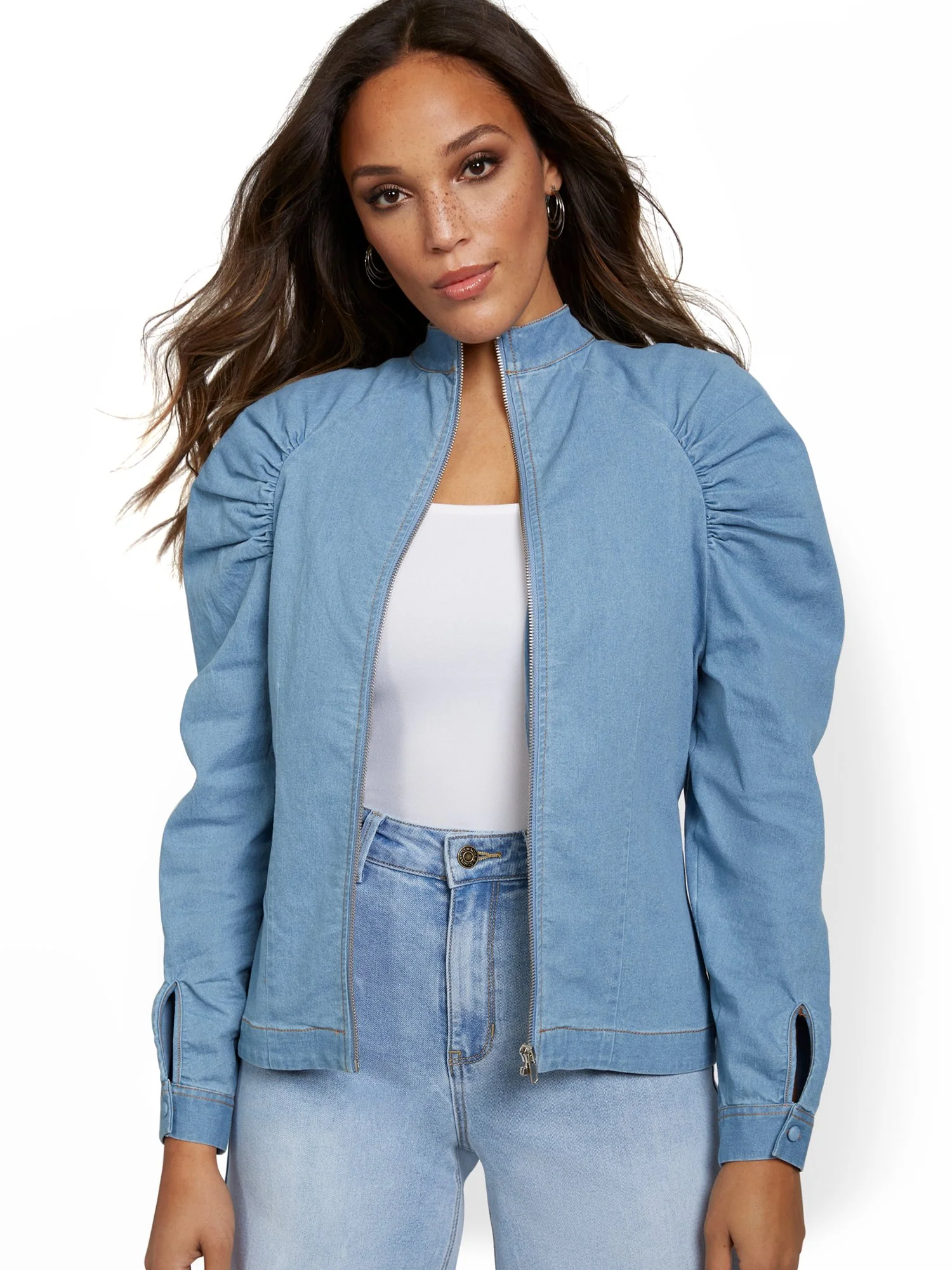 Shirred Shoulder Denim Jacket - Image 2