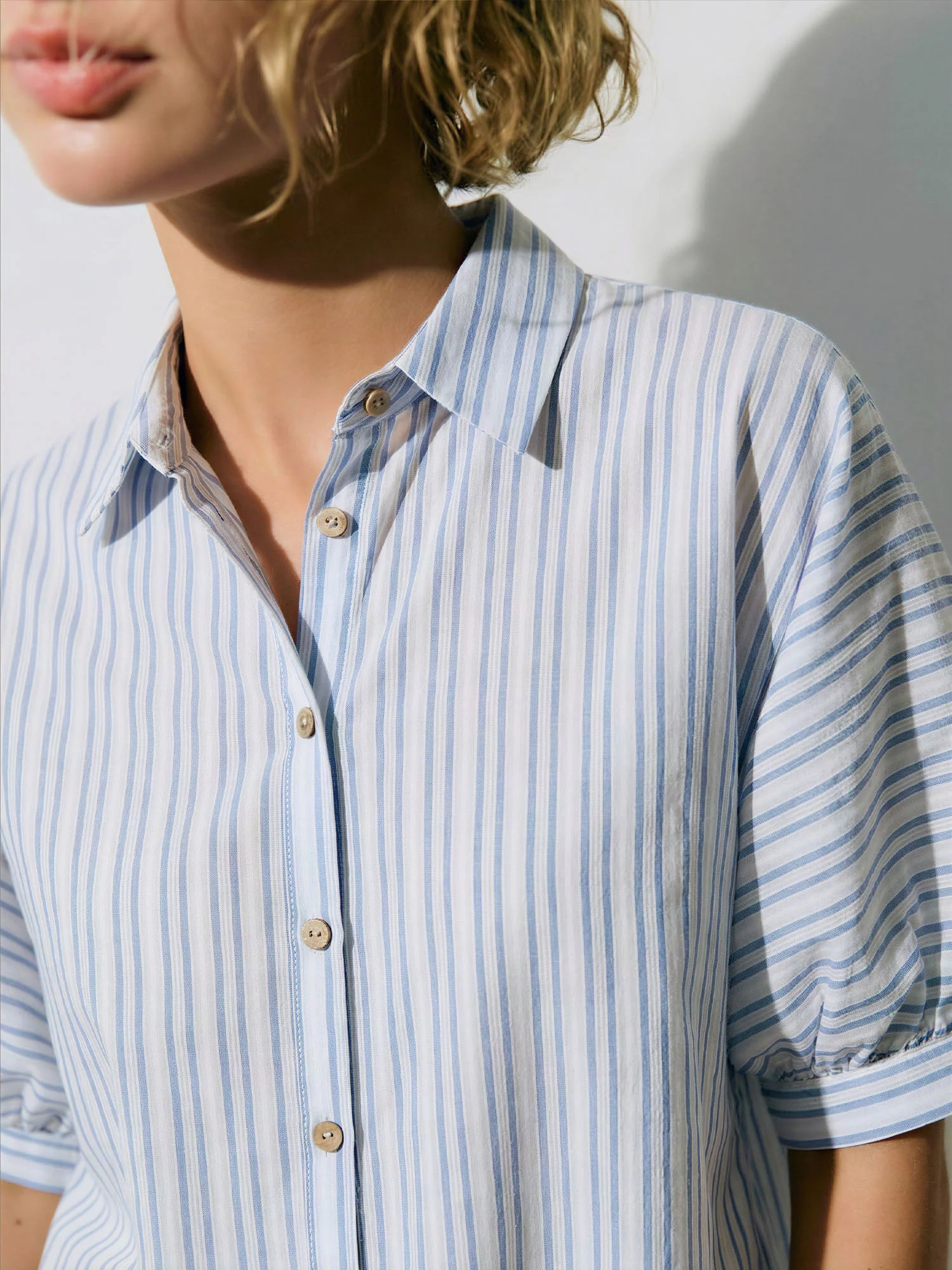 Short Balloon Sleeve Stripe Button Down Shirt - Image 4