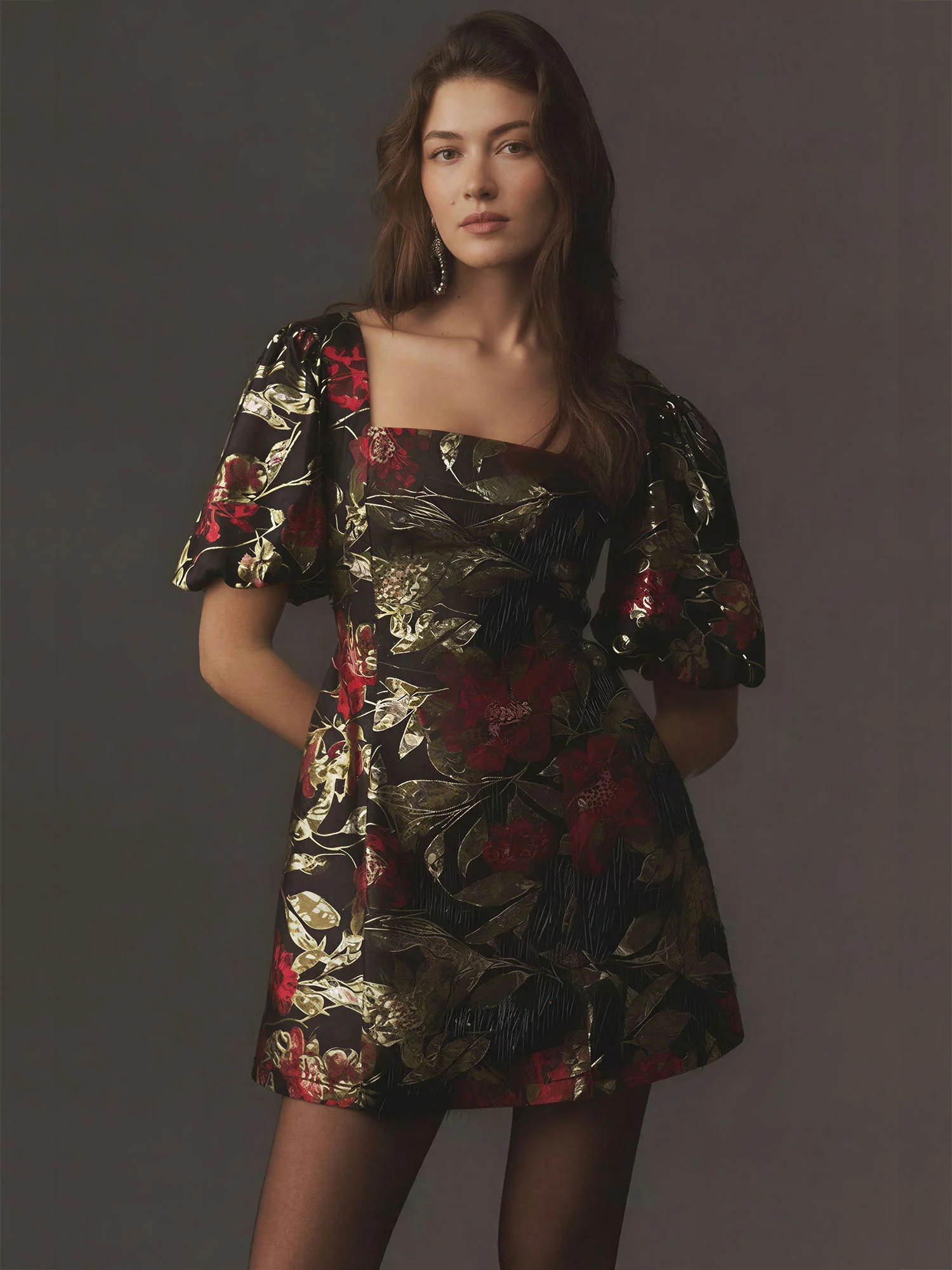 Short Puff Sleeve Floral Jacquard Mini Dress