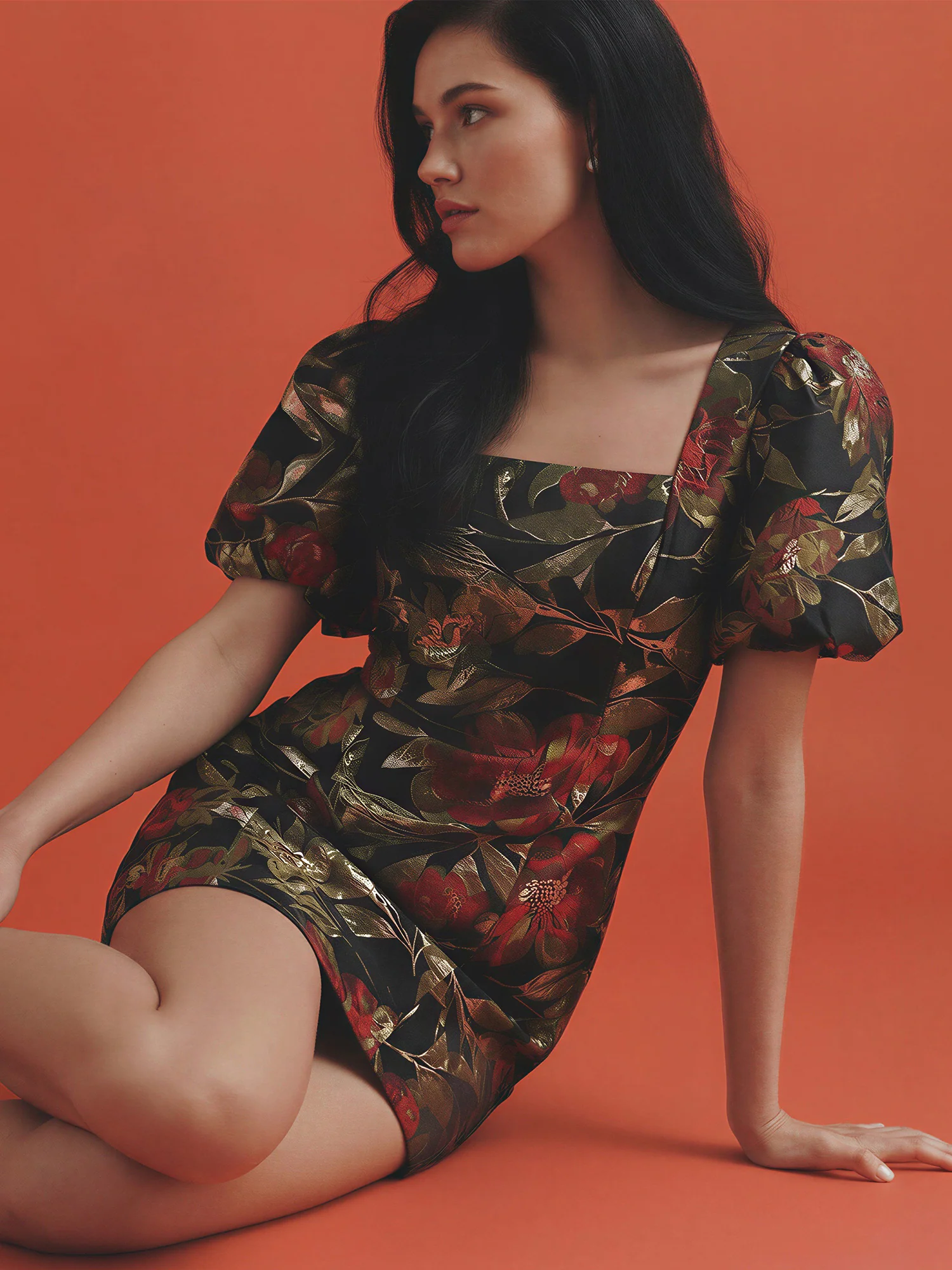 Short Puff Sleeve Floral Jacquard Mini Dress - Image 5