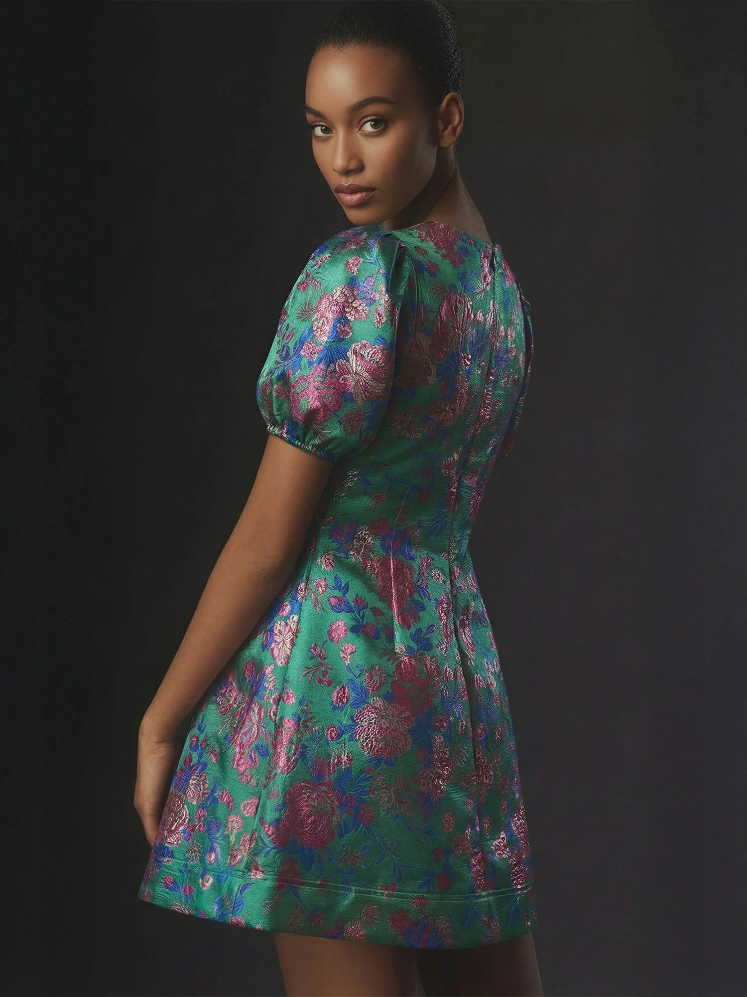 Short Puff Sleeve Jacquard Bow Mini Dress - Image 3
