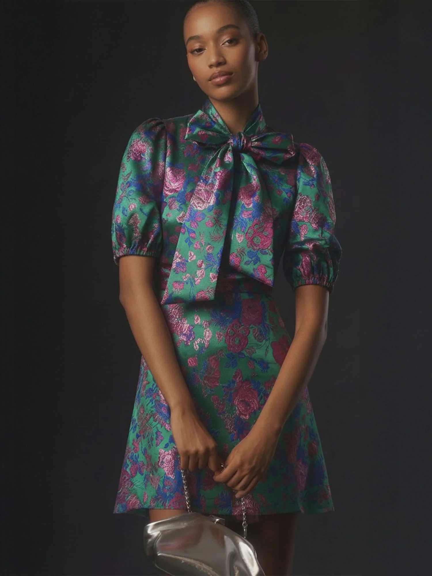 Short Puff Sleeve Jacquard Bow Mini Dress - Image 5