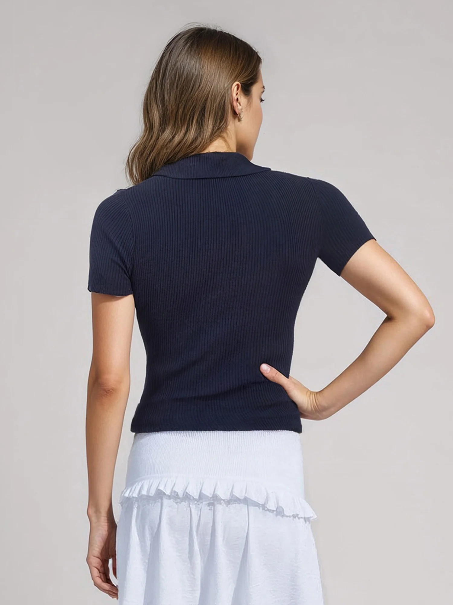 Short Sleeve Collared V Button Knit Top - Image 3