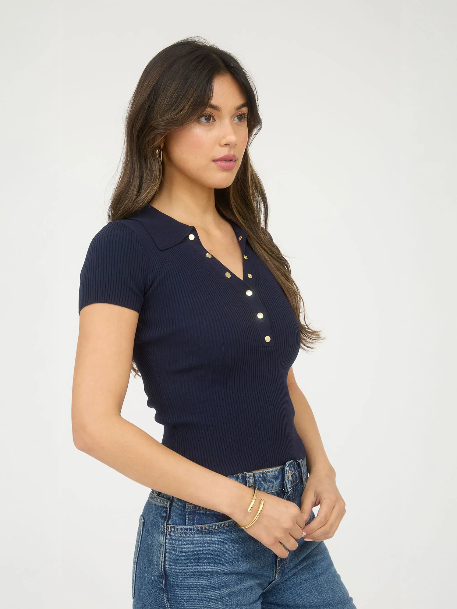 Short Sleeve Collared V Button Knit Top - Image 6
