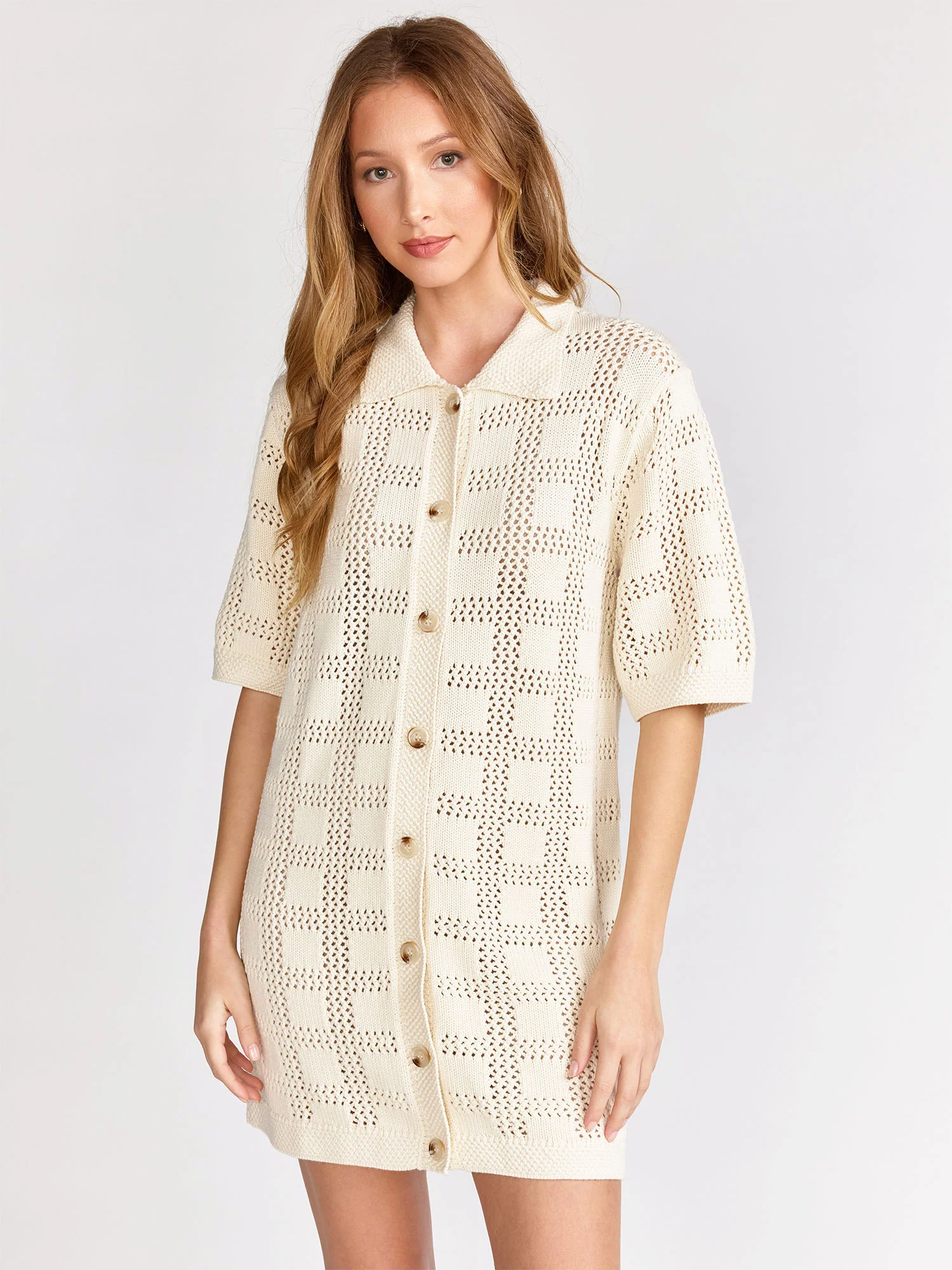 Short-Sleeve Crochet Button Down Mini Dress - Aaron & Amber - Image 8