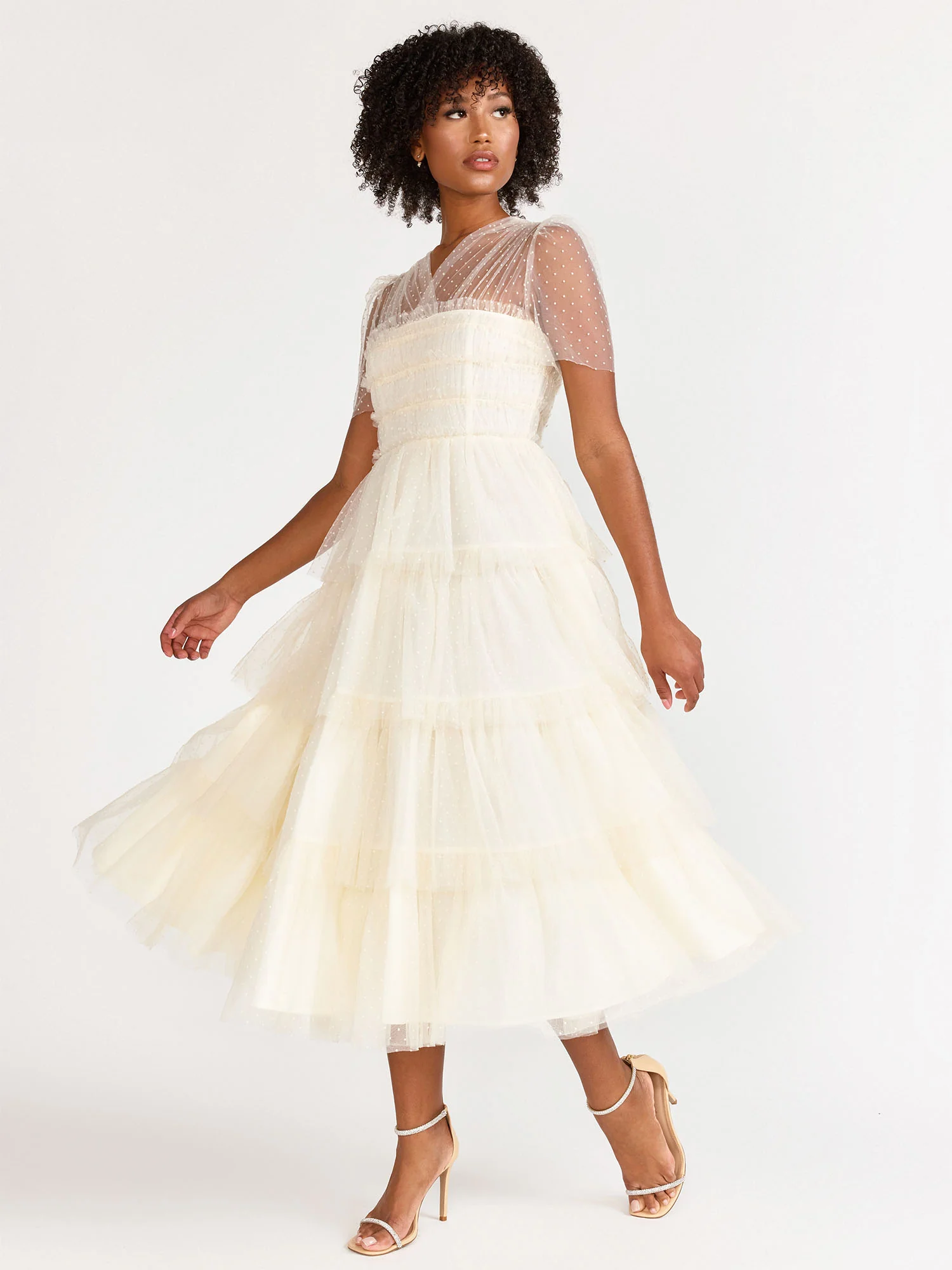 Short-Sleeve Flocked Mesh Smocked Midi Dress - Just Me