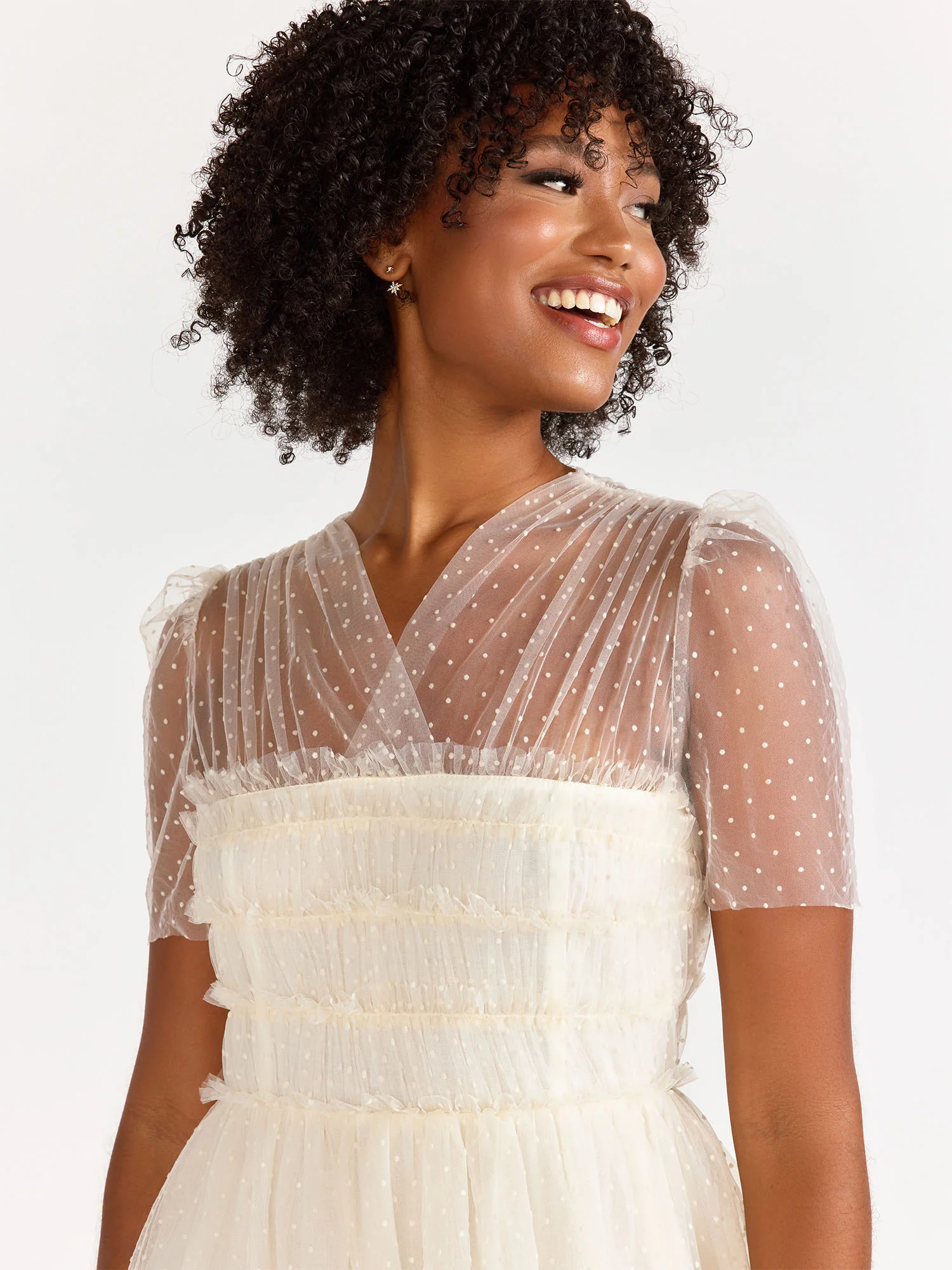 Short-Sleeve Flocked Mesh Smocked Midi Dress - Just Me - Image 3