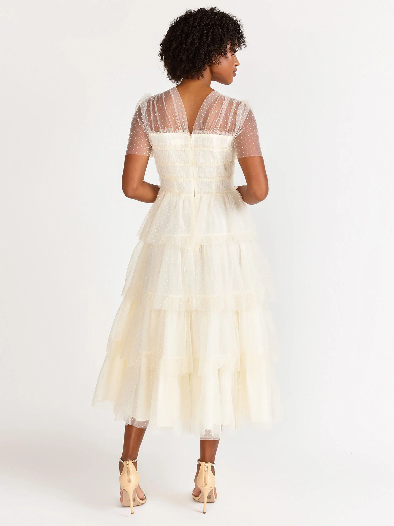 Short-Sleeve Flocked Mesh Smocked Midi Dress - Just Me - Image 4