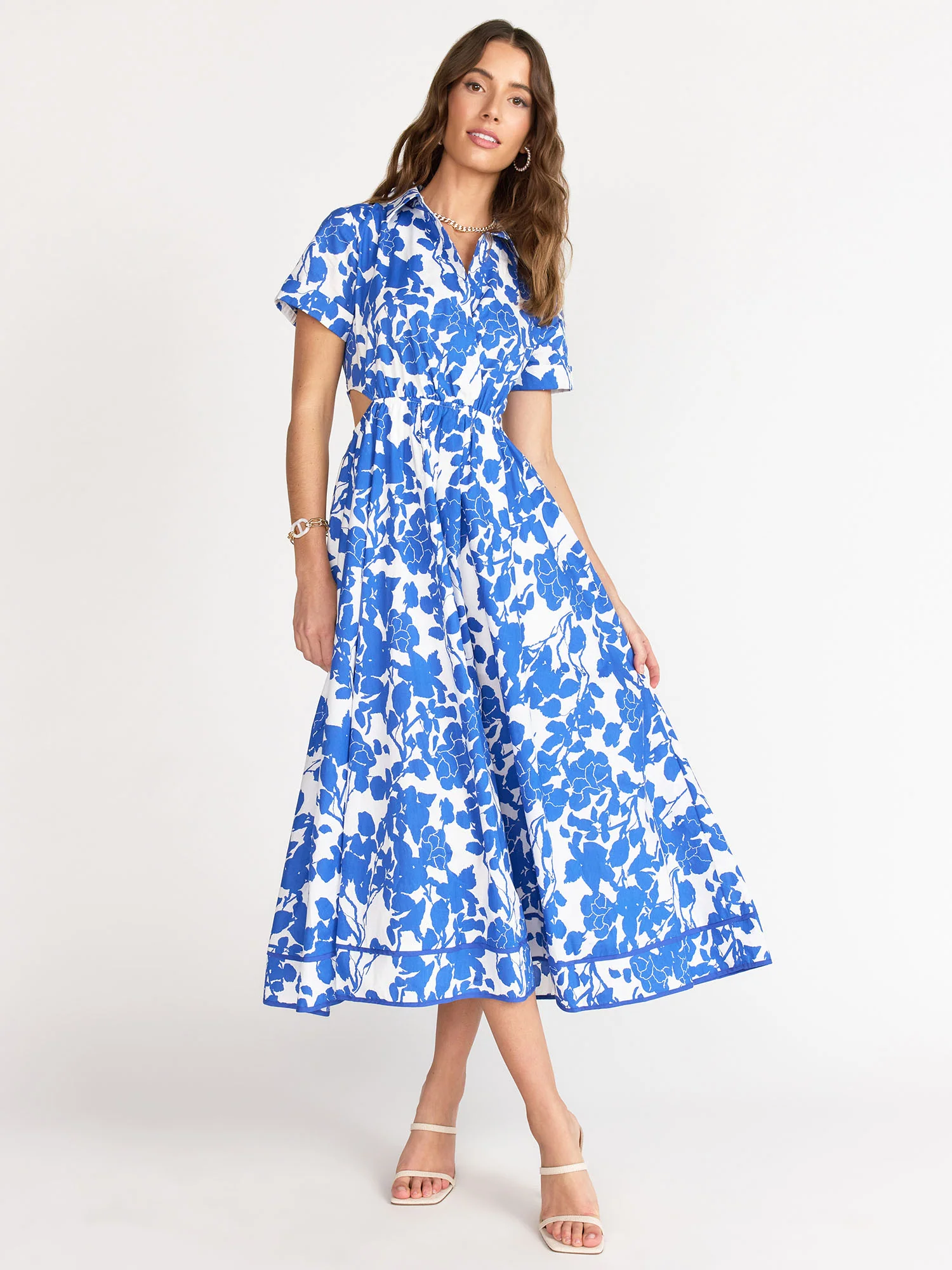Short Sleeve Floral Print Cutout Midi Dress - Aakaa