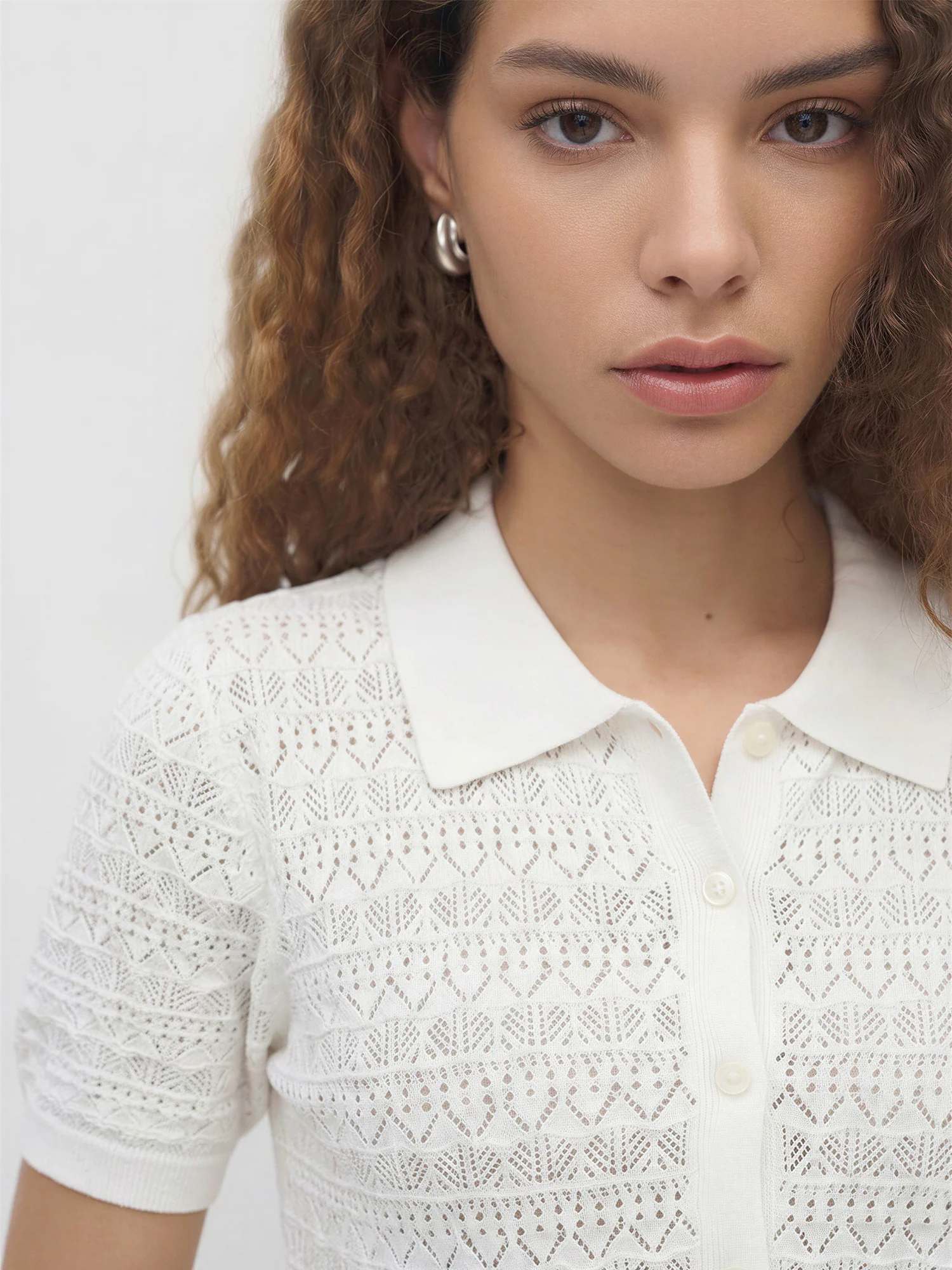 Short Slv Pointelle Button Up Polo - Image 3