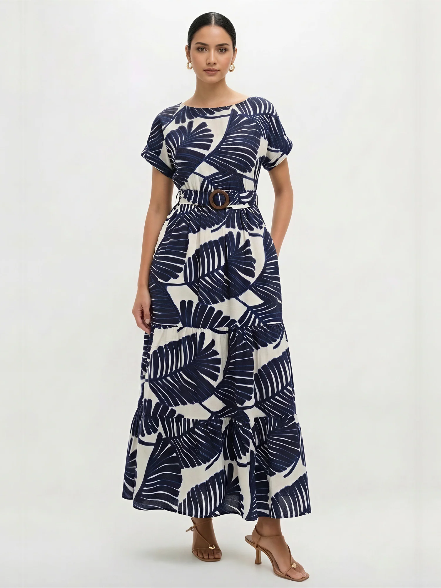 Short Sleeve Printed Tiered Woven Mid Dress