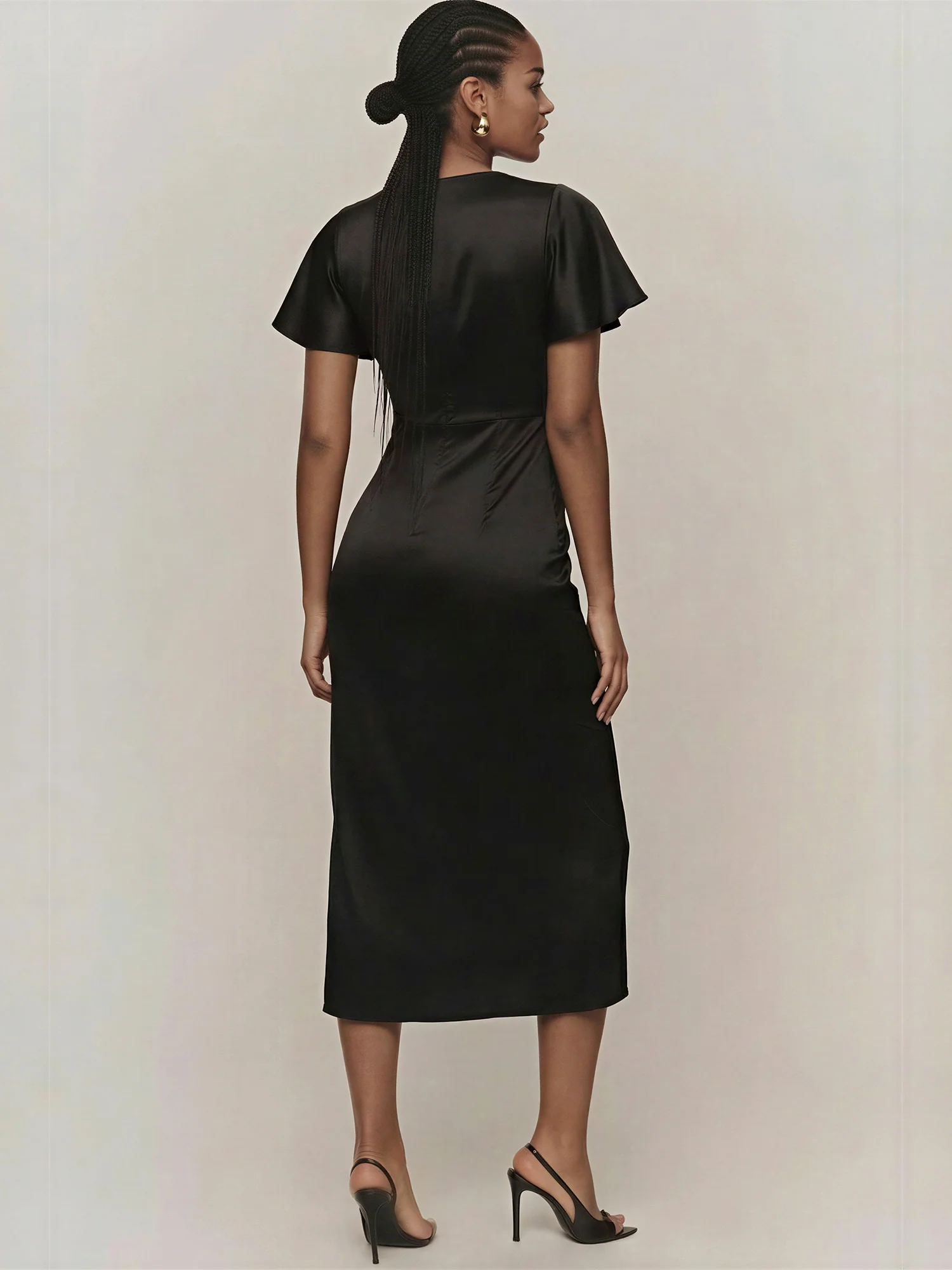 Short Sleeve Round Neck Satin Midi Dress - Image 4