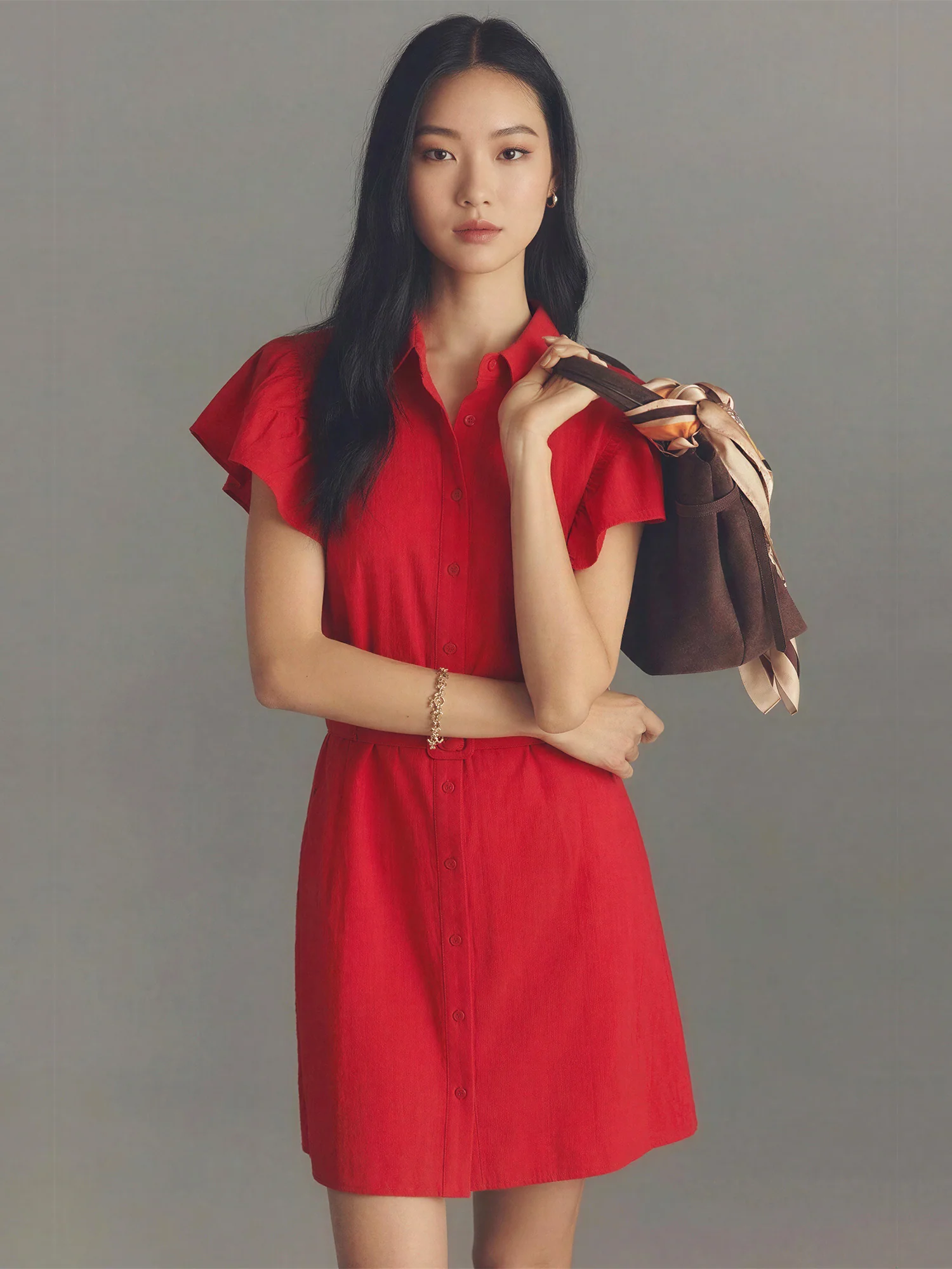 Short Sleeve Ruffle Tie Waist Button Down Mini Shirt Dress
