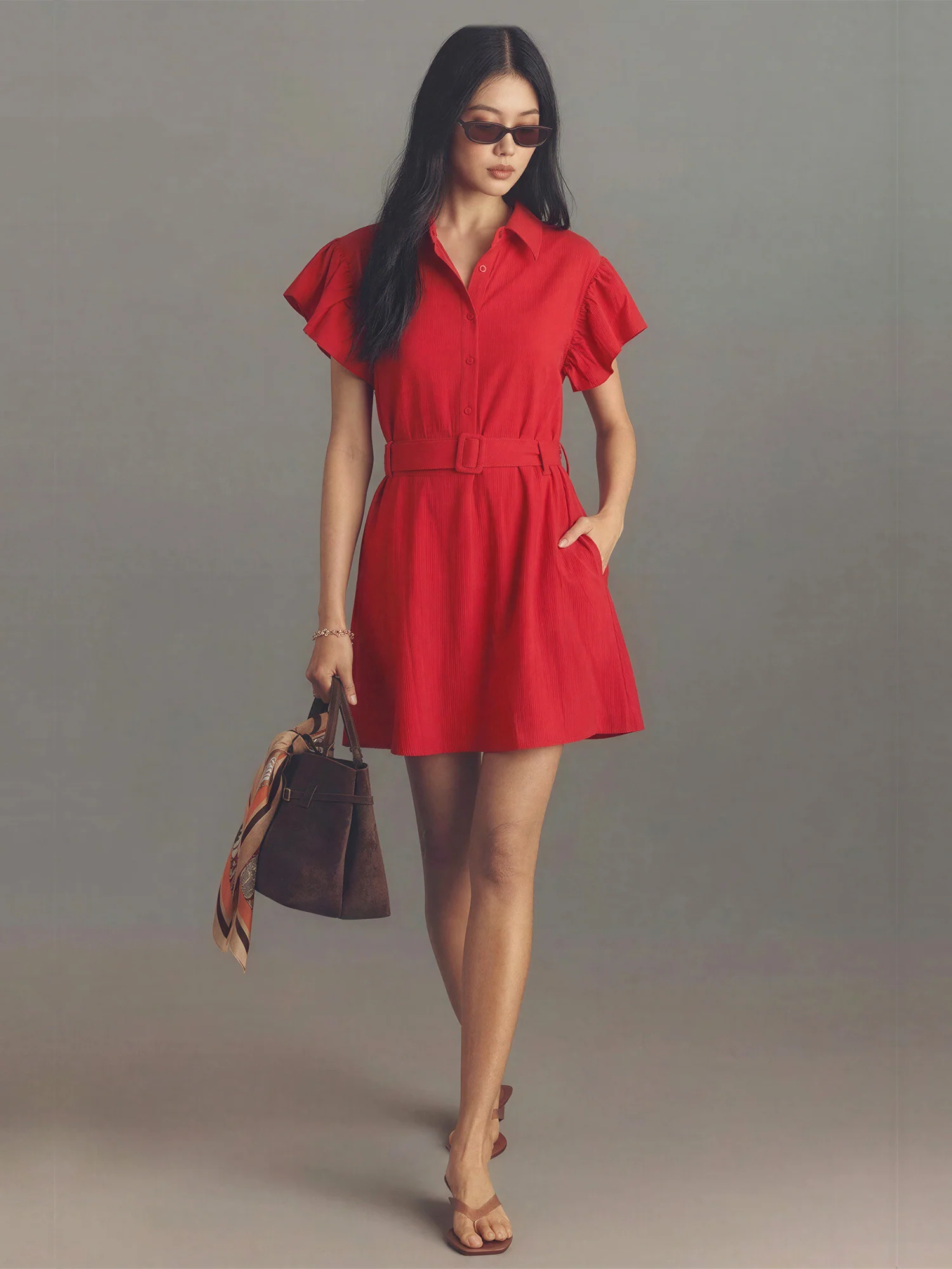 Short Sleeve Ruffle Tie Waist Button Down Mini Shirt Dress - Image 2