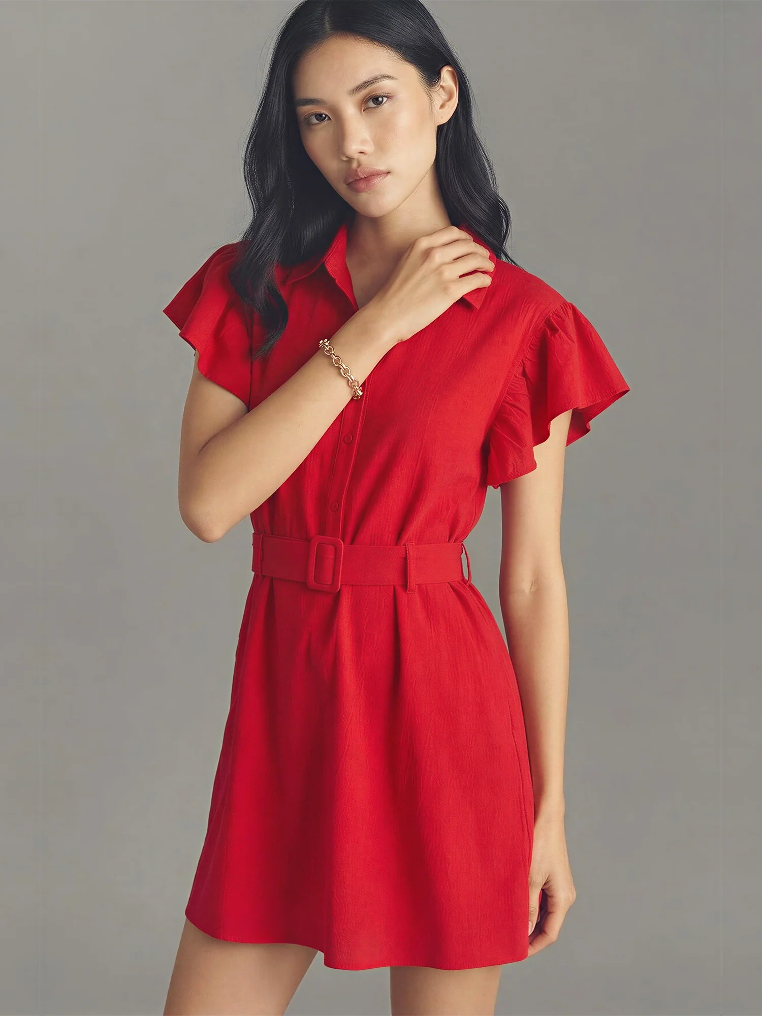 Short Sleeve Ruffle Tie Waist Button Down Mini Shirt Dress - Image 3