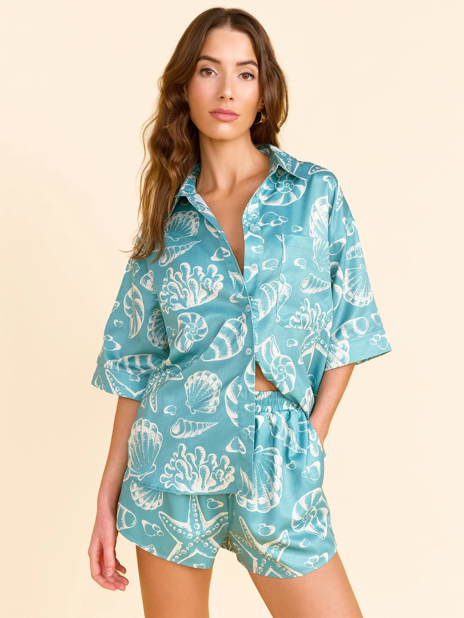 Short Sleeve Seashell Print Button Up Top - Lena