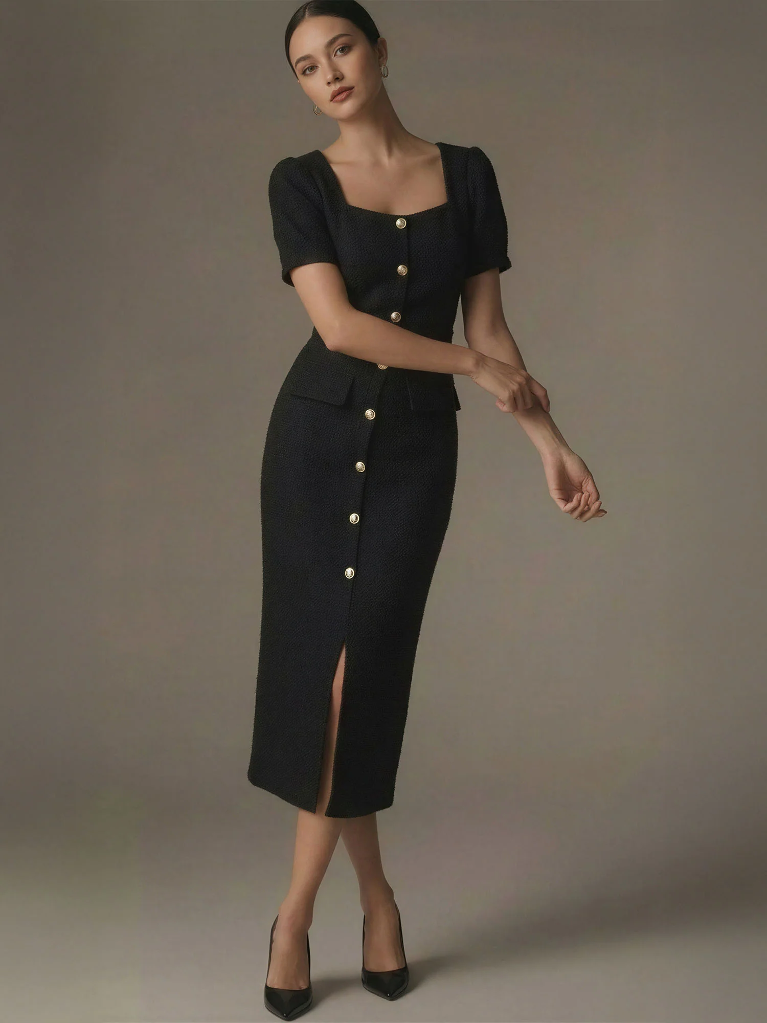 Square Neck Button Front Tweed Midi Dress