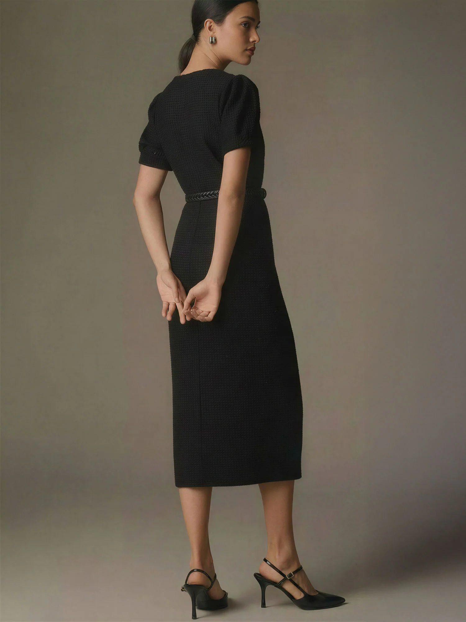 Square Neck Button Front Tweed Midi Dress - Image 3