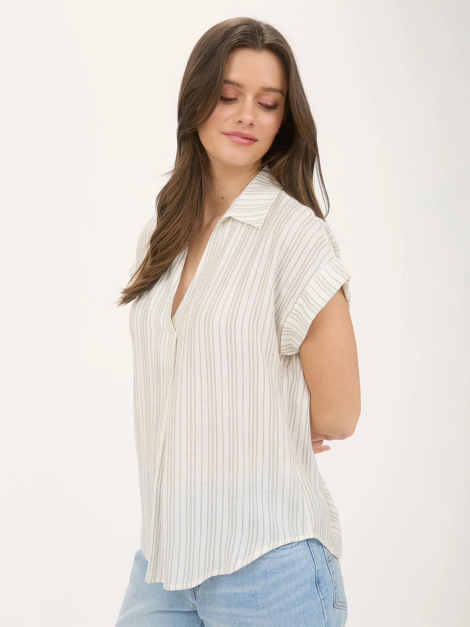 Short Sleeve Stripe Collared Popover Shirt - Image 18